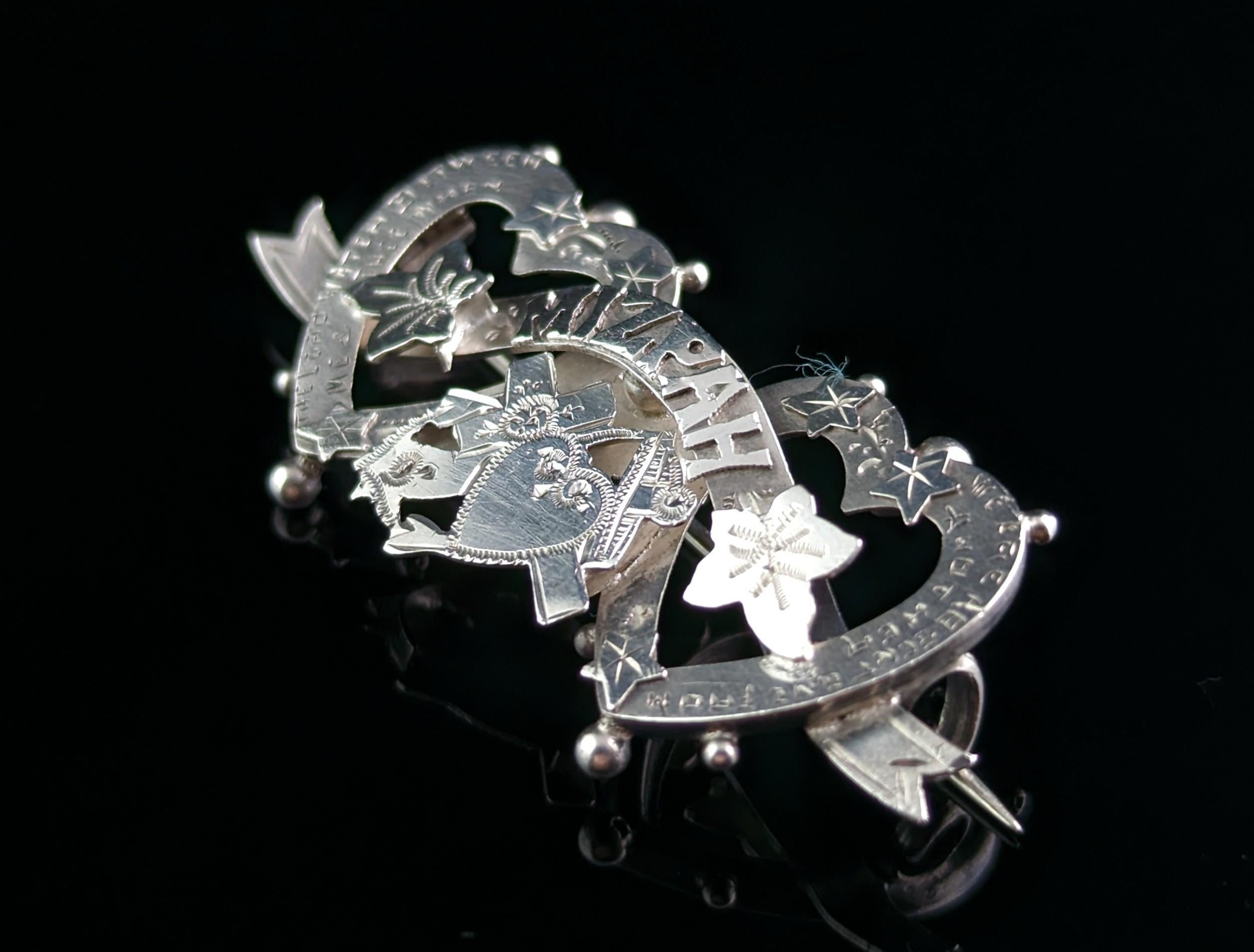 Antique Sterling Silver Mizpah Brooch, Faith, Hope and Charity In Good Condition In NEWARK, GB