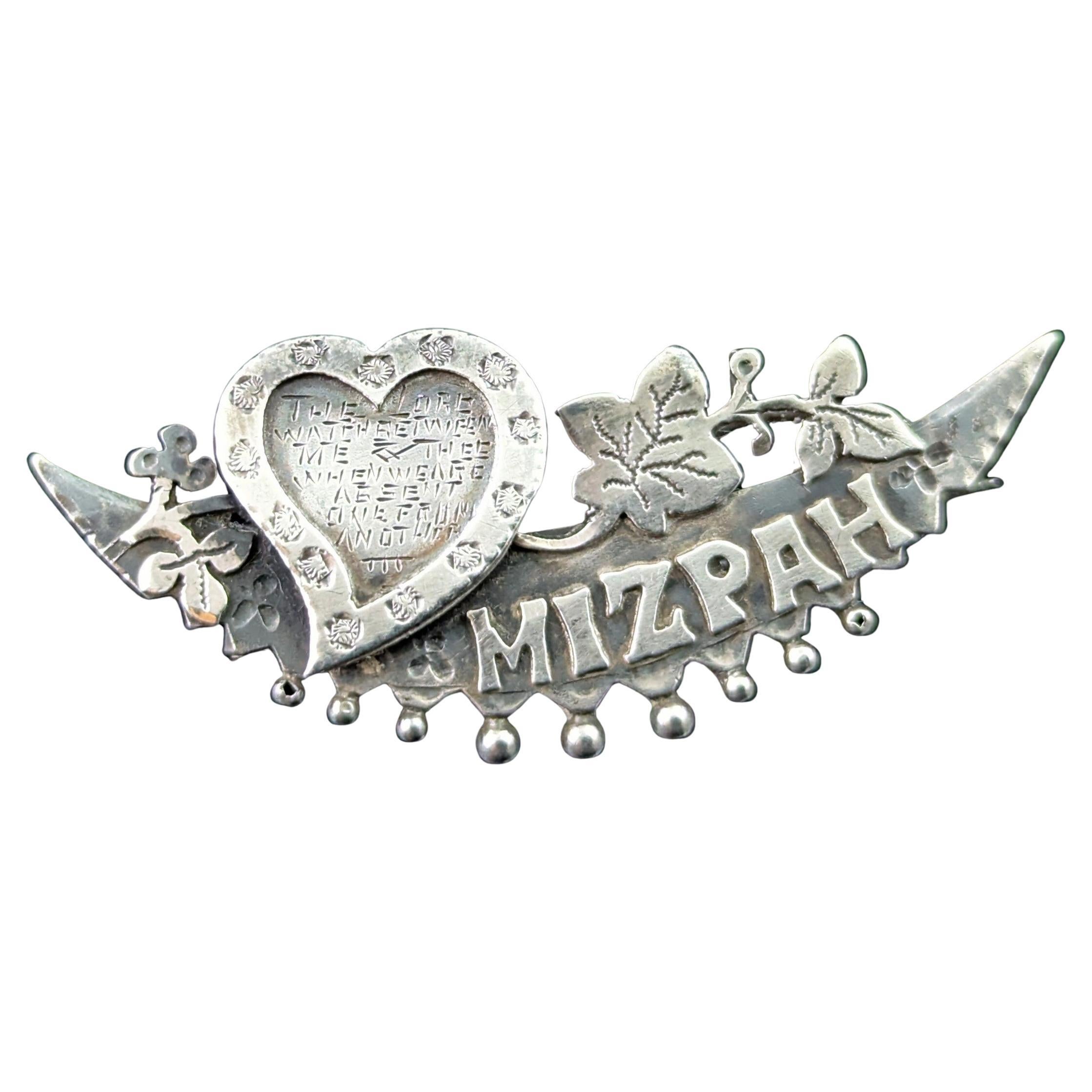 Antique sterling silver Mizpah Crescent brooch