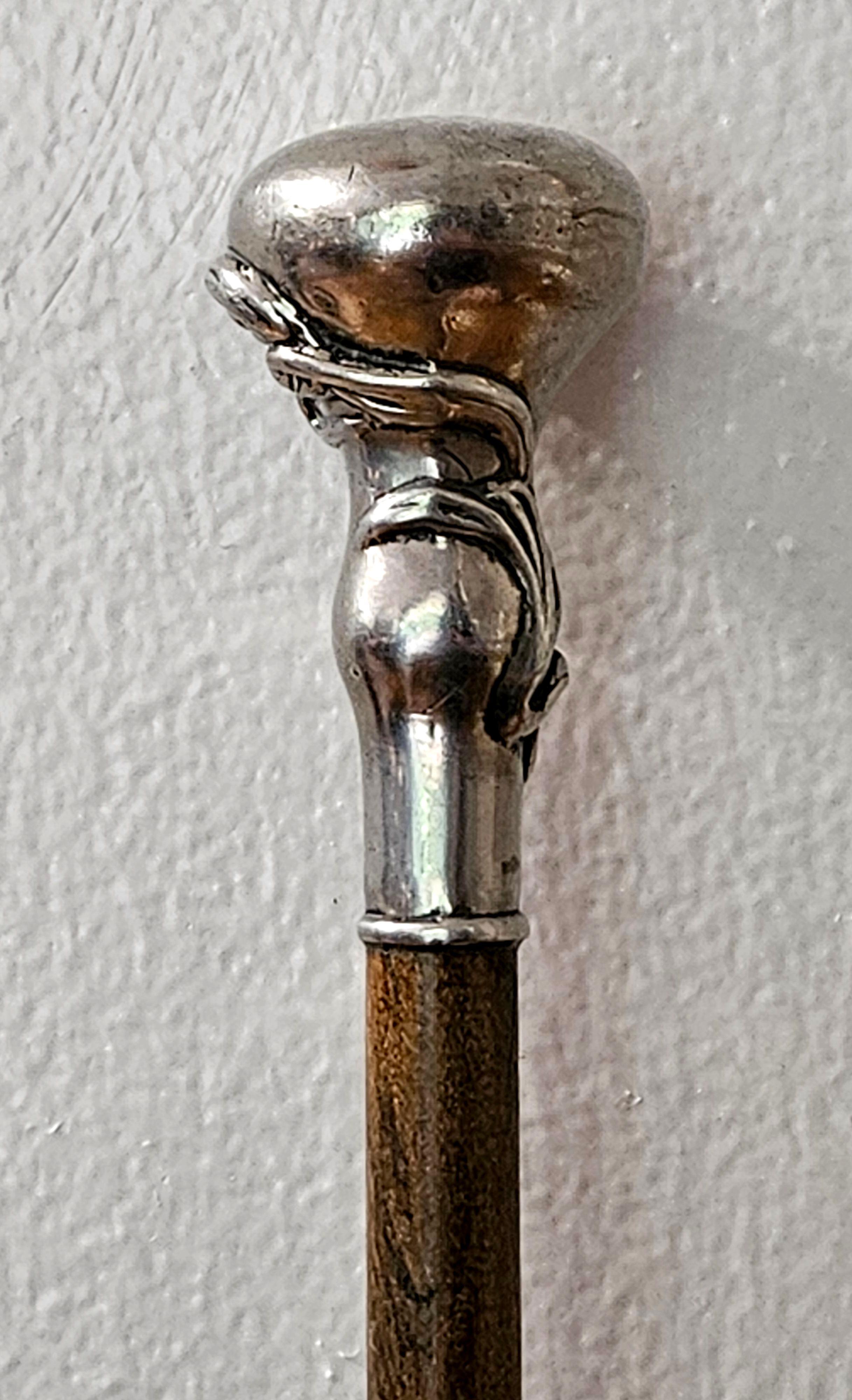 Antique Sterling Silver Monogram Floral Art Nouveau with wood Walking Stick Cane For Sale 4