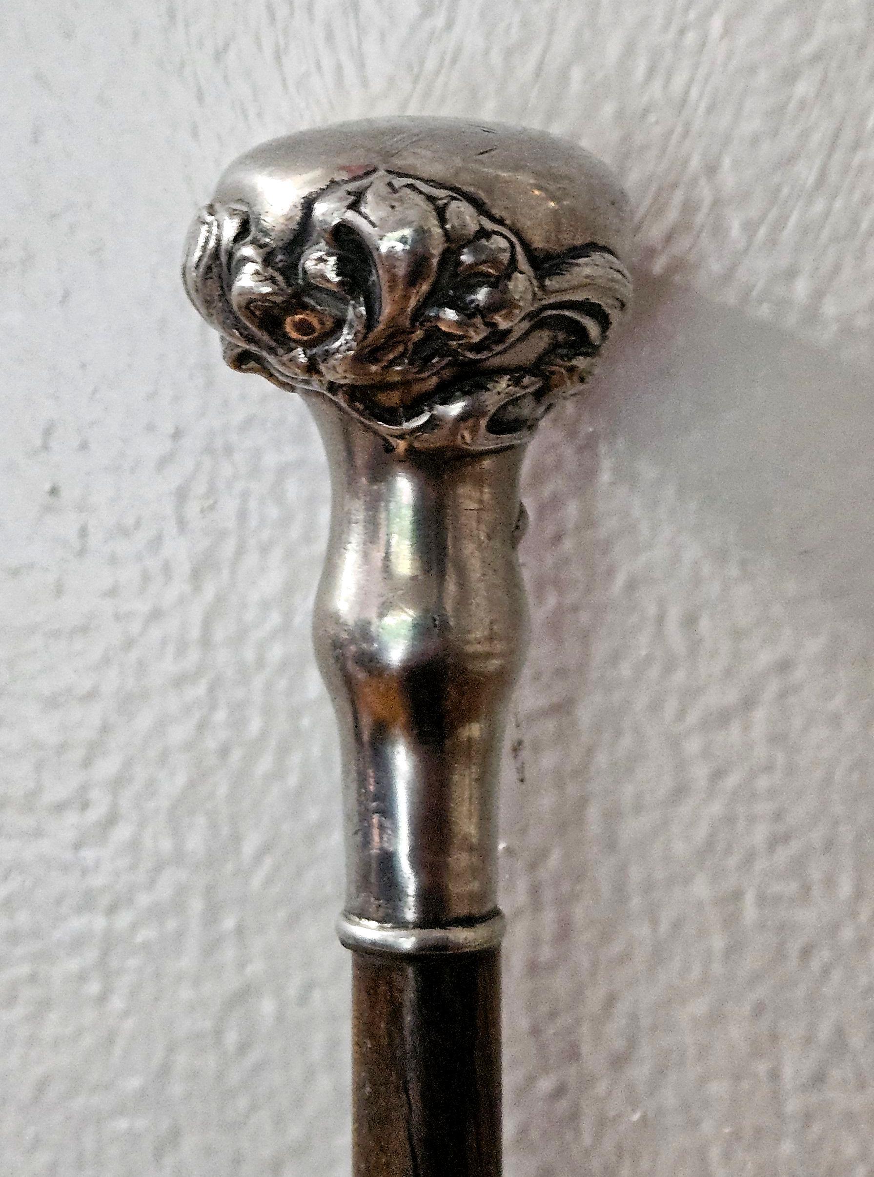 French Antique Sterling Silver Monogram Floral Art Nouveau with wood Walking Stick Cane For Sale