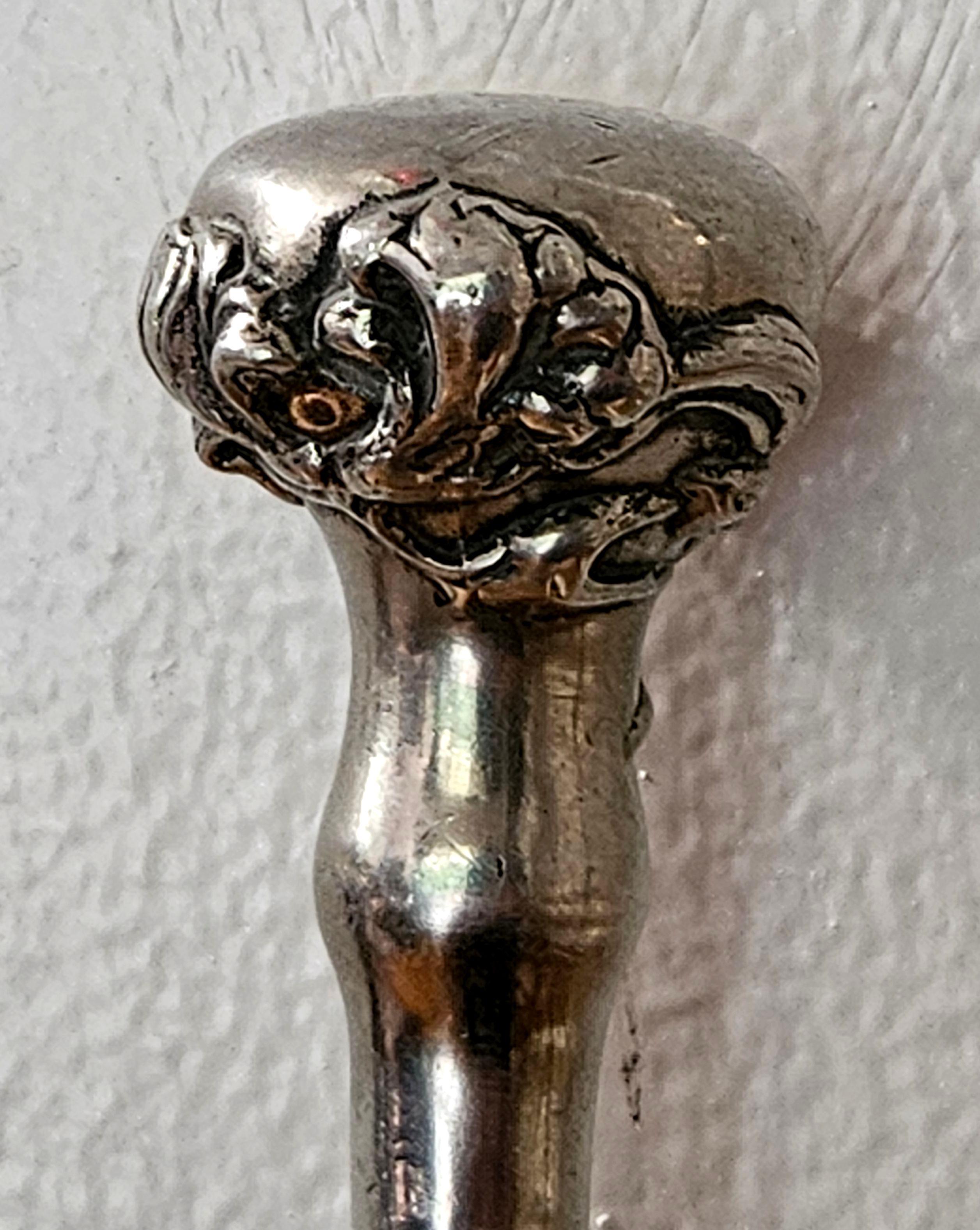 Hand-Crafted Antique Sterling Silver Monogram Floral Art Nouveau with wood Walking Stick Cane For Sale