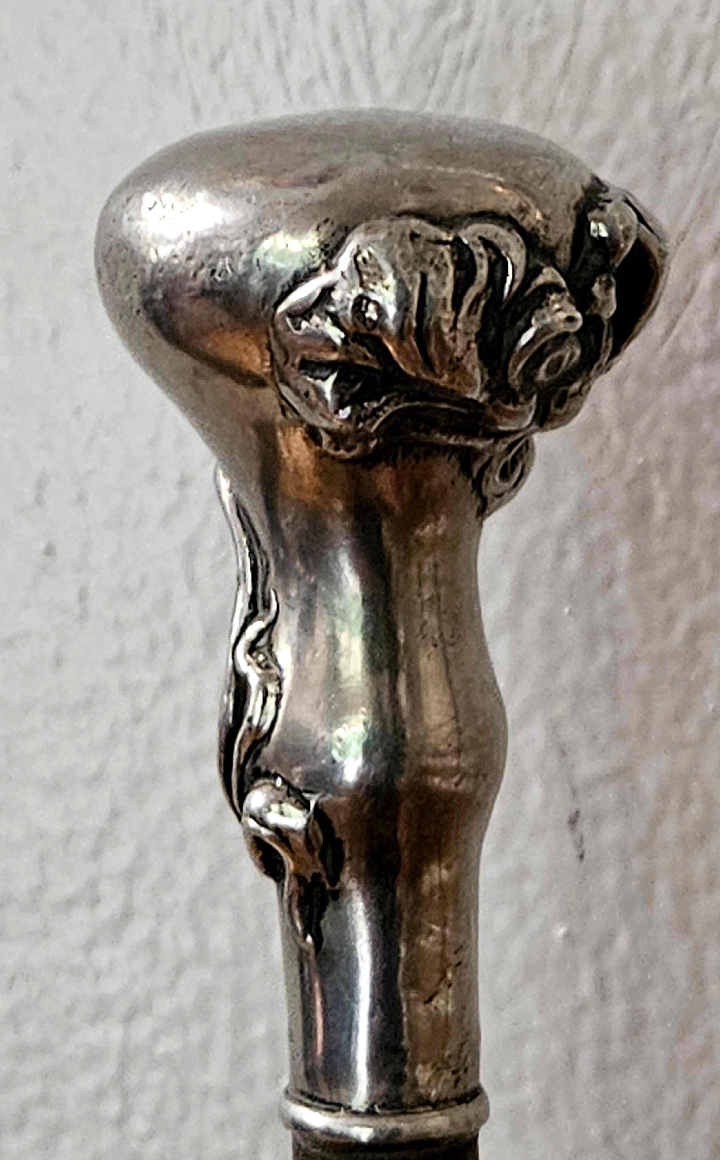 Antique Sterling Silver Monogram Floral Art Nouveau with wood Walking Stick Cane In Excellent Condition For Sale In Norton, MA