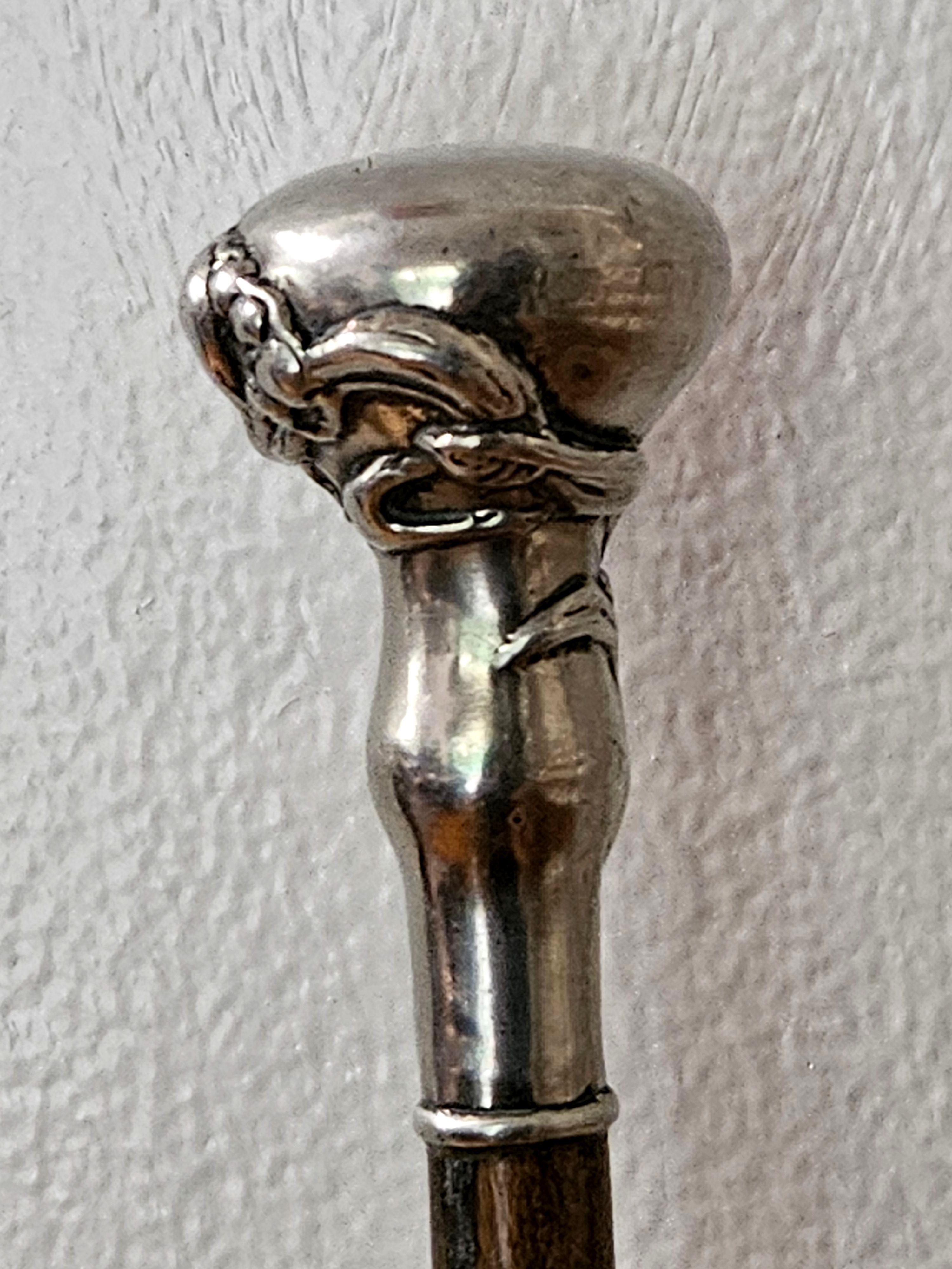 Antique Sterling Silver Monogram Floral Art Nouveau with wood Walking Stick Cane For Sale 1