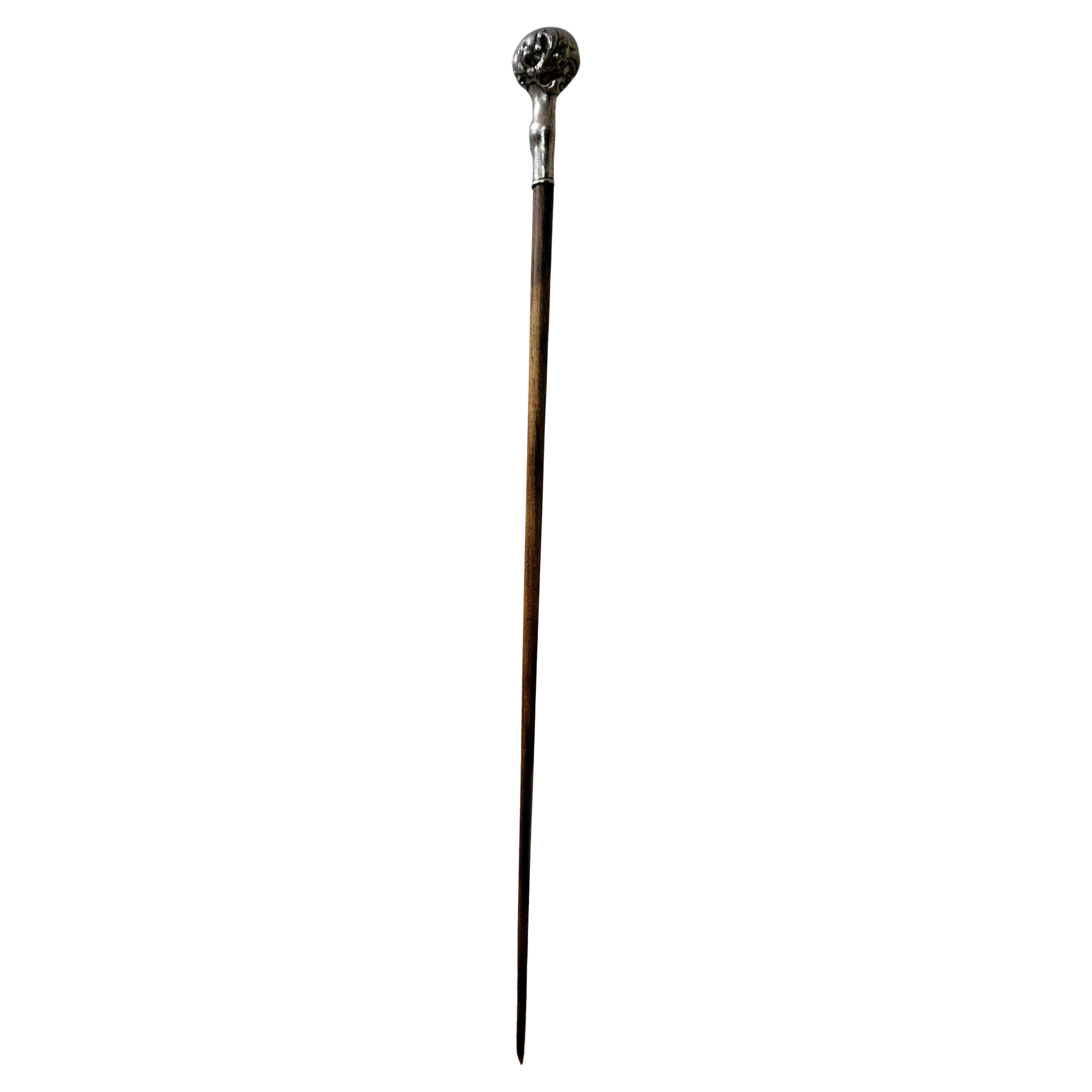 Antique Sterling Silver Monogram Floral Art Nouveau with wood Walking Stick Cane For Sale