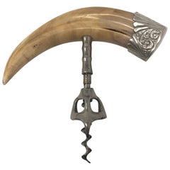 Antique Sterling Silver Mounted Boar's Tusk Corkscrew, circa 1900-1910