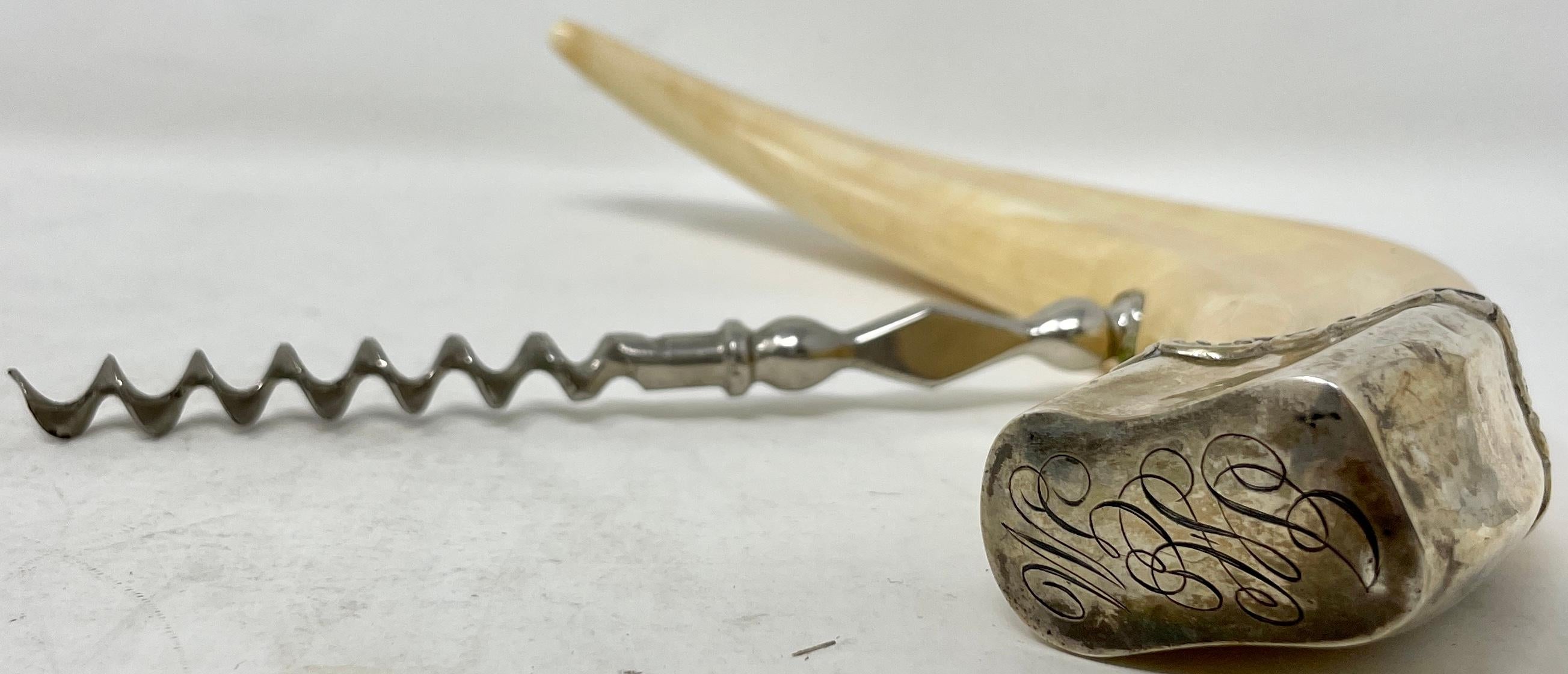 20th Century Antique Sterling Silver Mounted Boar's Tusk Corkscrew with Nickel Silver Worm.