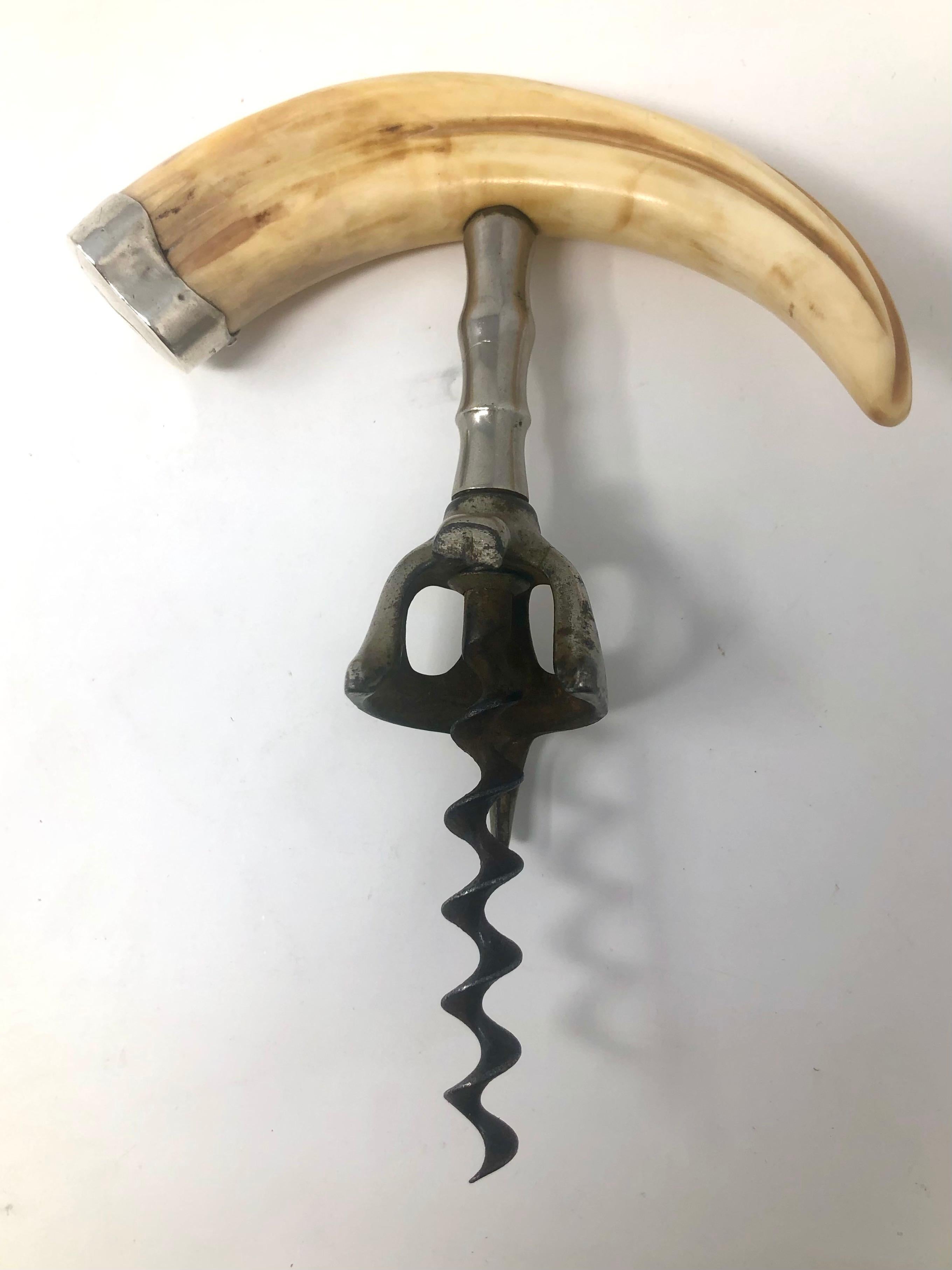 Antique sterling silver mounted boar's tusk corkscrew with steel blade, circa 1920.
