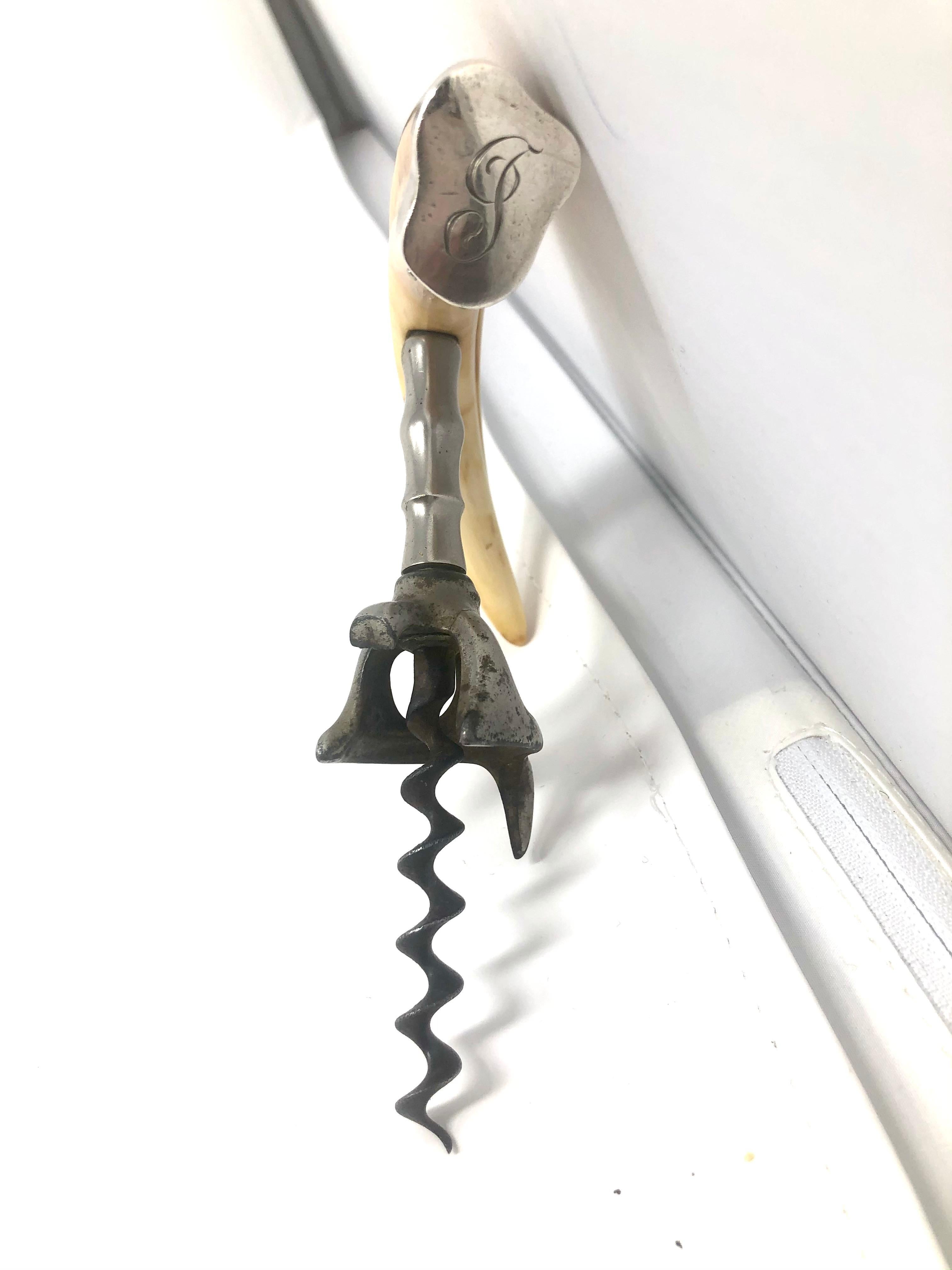 Unknown Antique Sterling Silver Mounted Boar's Tusk Corkscrew with Steel Blade