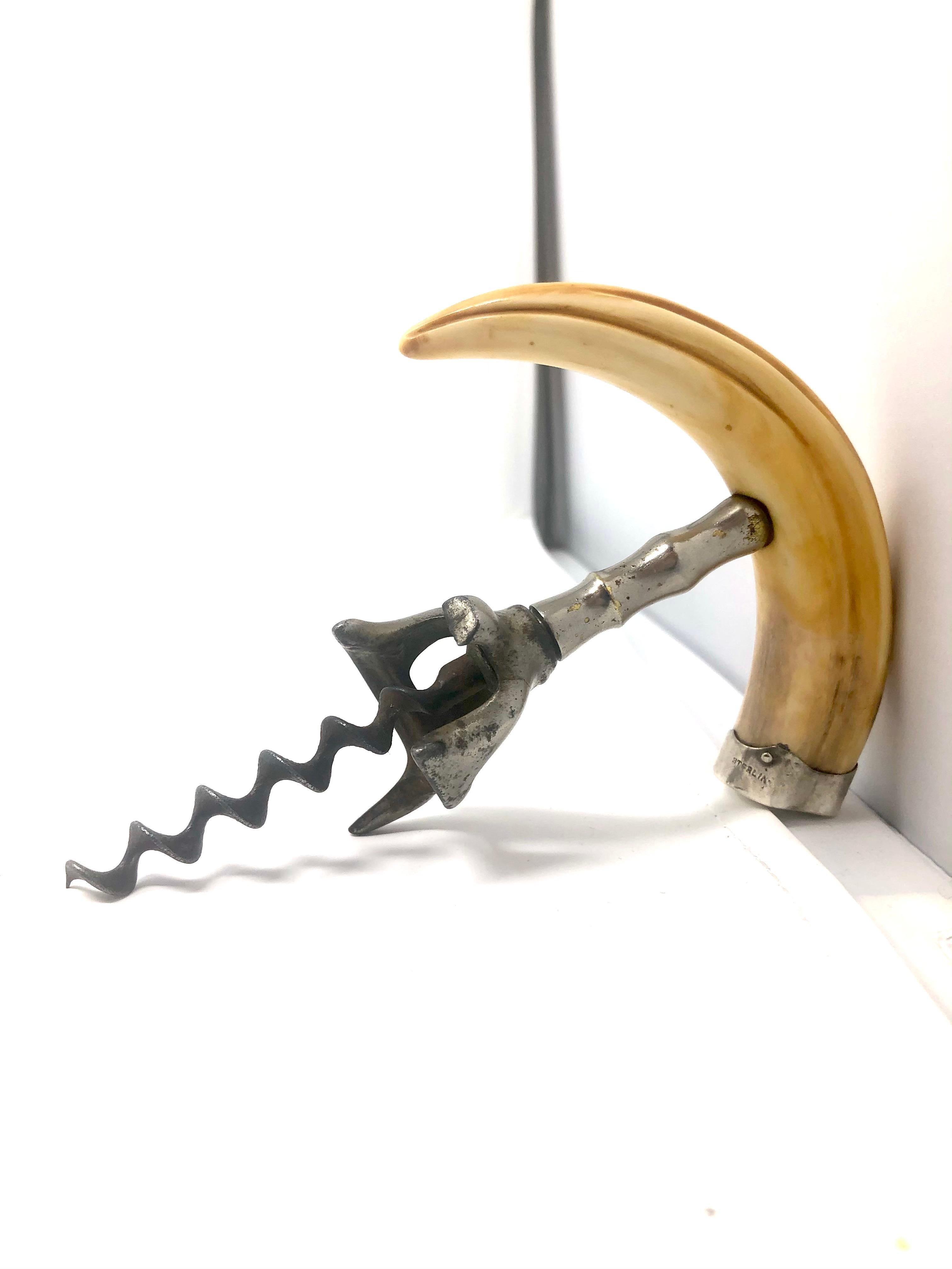 Antique Sterling Silver Mounted Boar's Tusk Corkscrew with Steel Blade In Good Condition In New Orleans, LA
