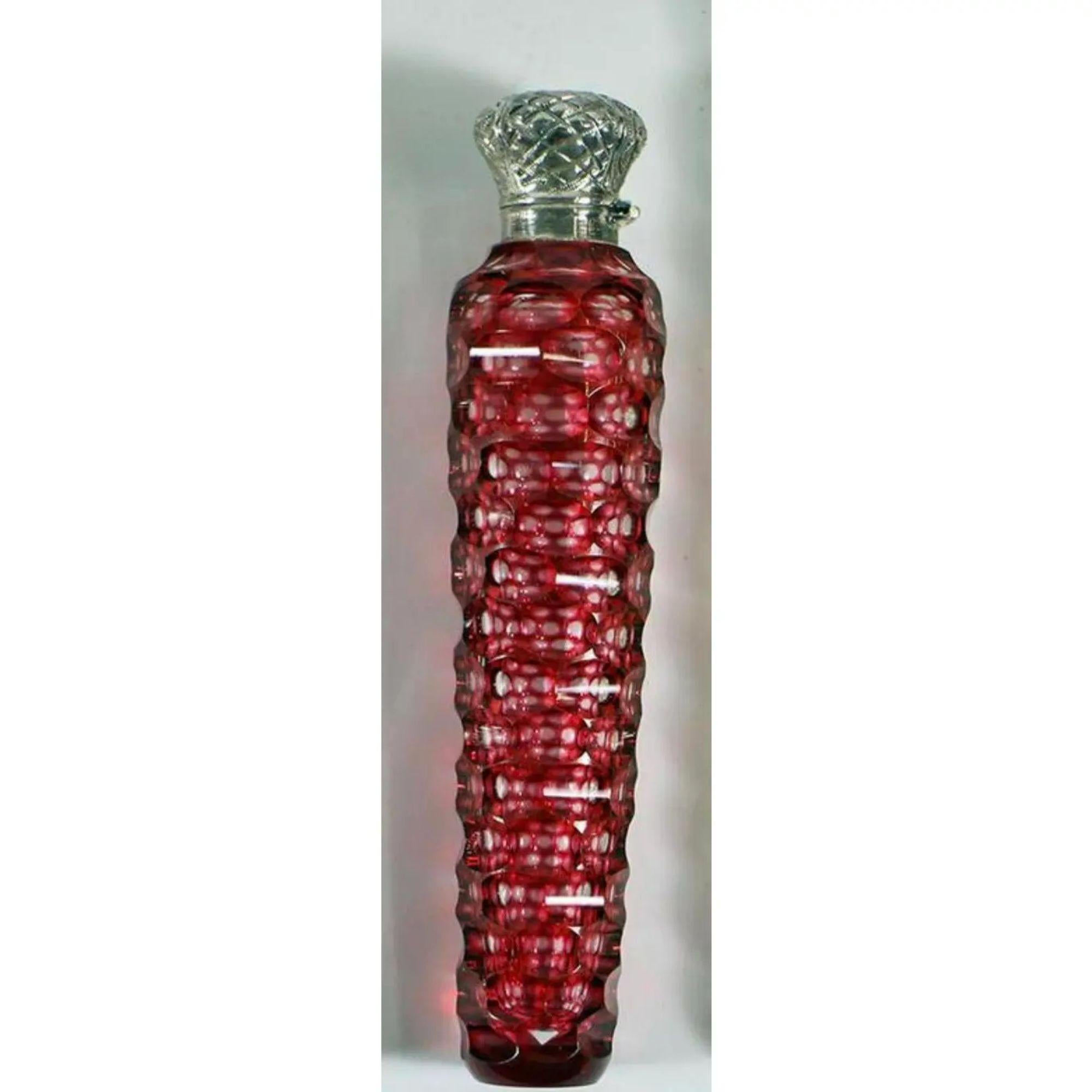 Antique sterling silver mounted red cut crystal perfume flask bottle

Additional information:
Materials: Crystal, Sterling Silver
Color: Red
Period: 19th century
Styles: Victorian
Item Type: Vintage, Antique or Pre-owned
Dimensions: 1.25