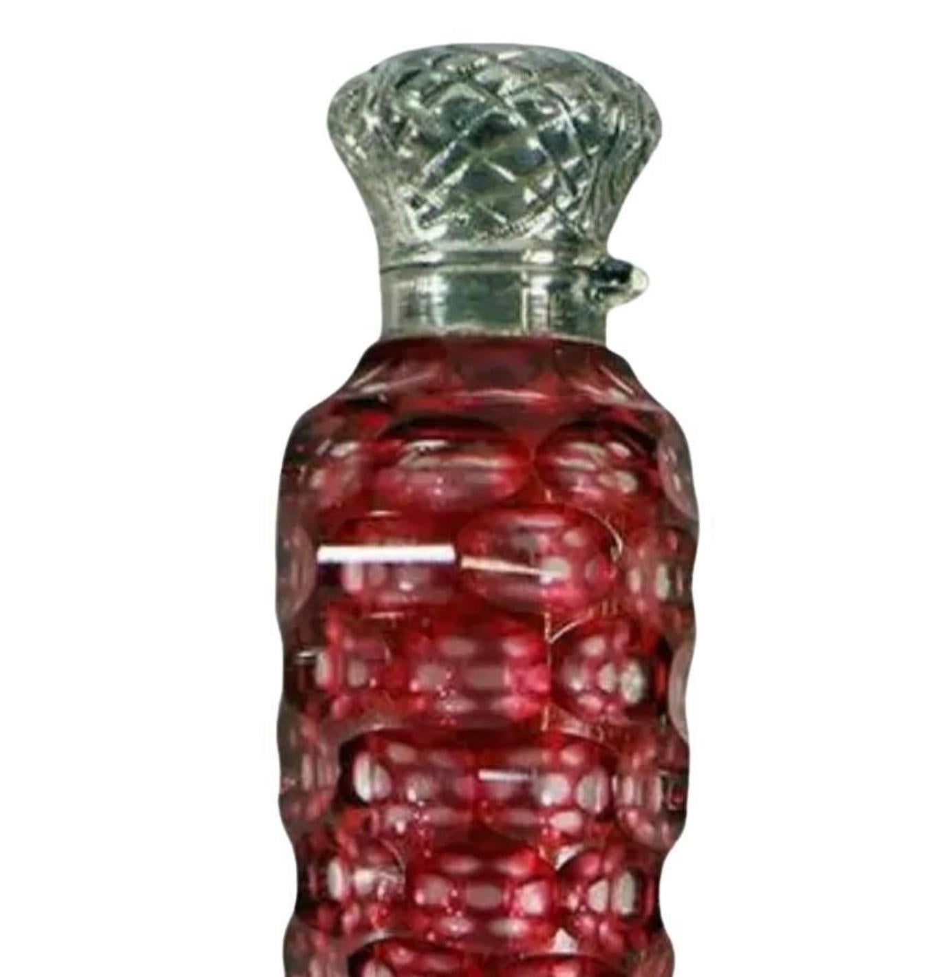 Victorian Antique Sterling Silver Mounted Red Cut Crystal Perfume Flask Bottle