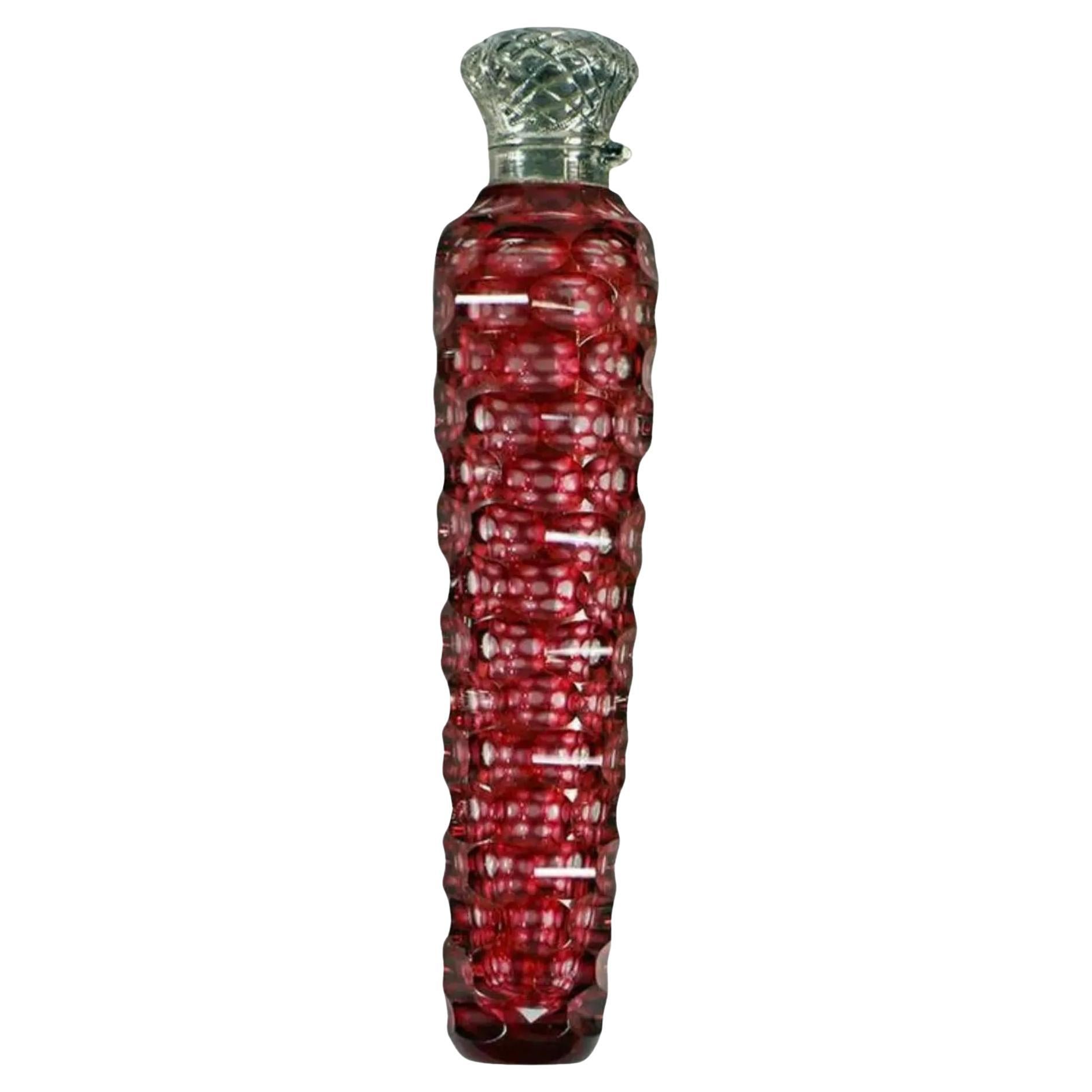 Antique Sterling Silver Mounted Red Cut Crystal Perfume Flask Bottle