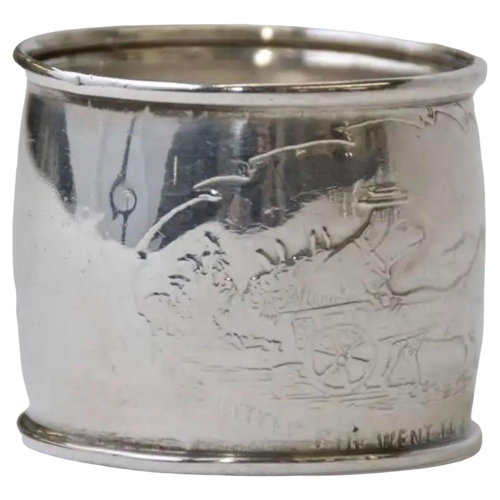 Antique Sterling Silver Napkin Ring Engrave with Cartoon For Sale