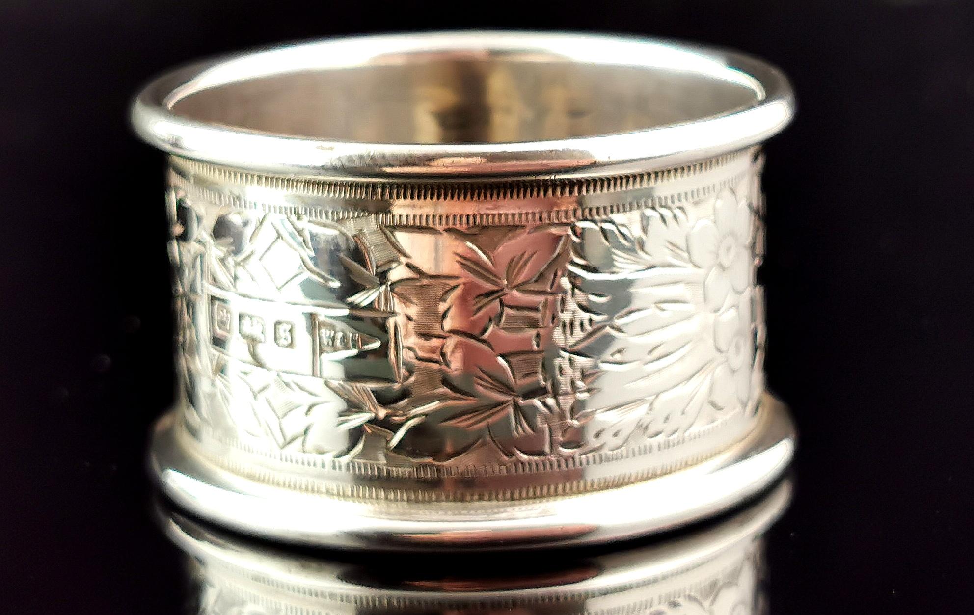 British Antique sterling silver napkin ring, floral engraved  For Sale
