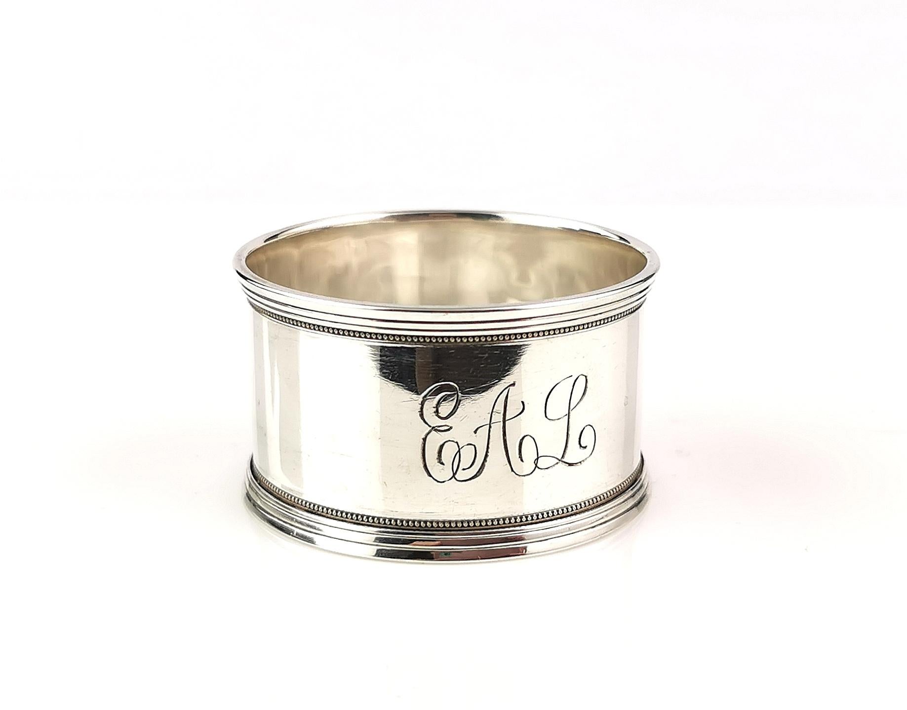 Sterling Silver Antique sterling silver napkin ring, Monogrammed EAL  For Sale