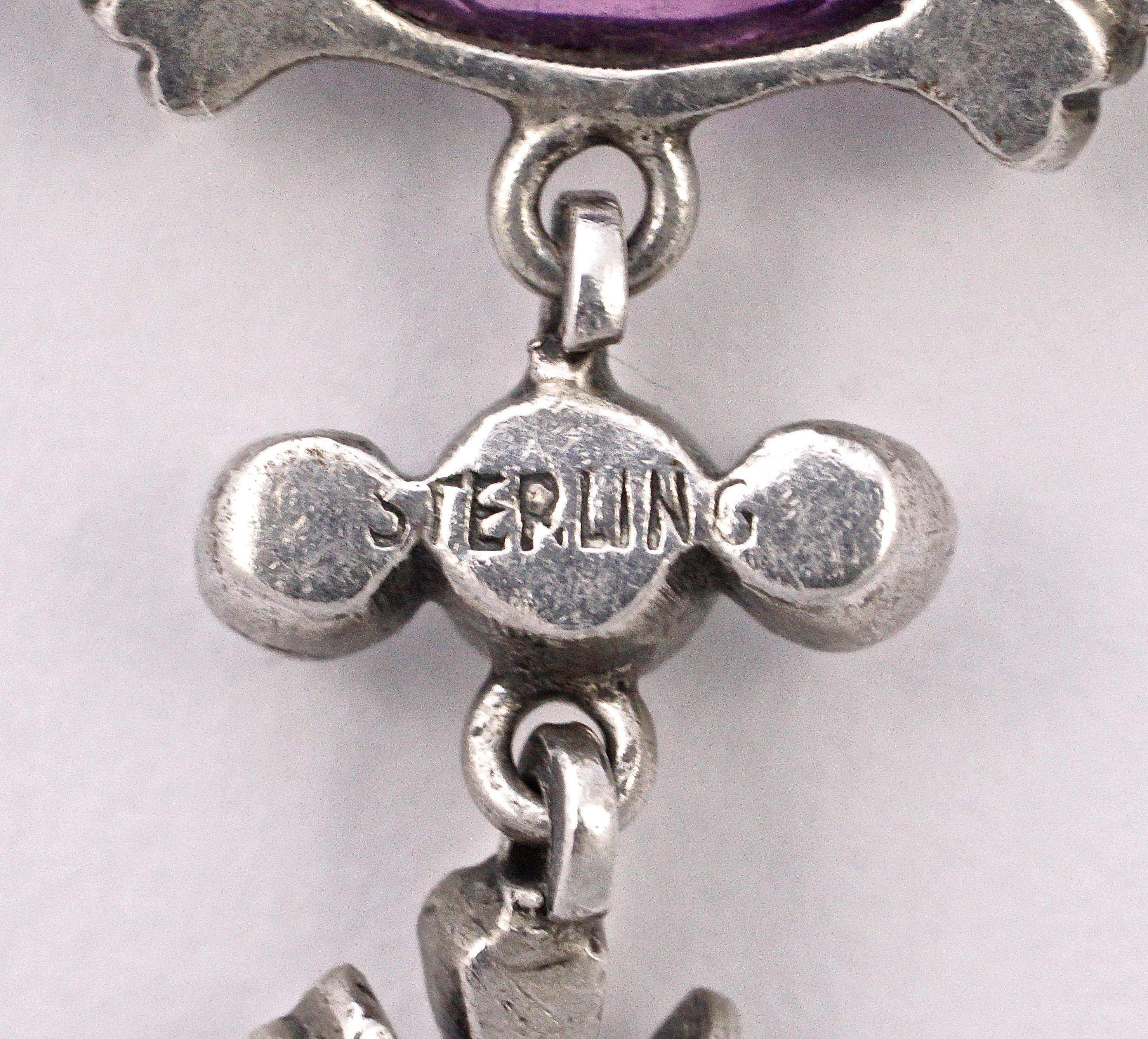 Antique Sterling Silver Lavalier Necklace with White and Amethyst Paste Stones For Sale 4