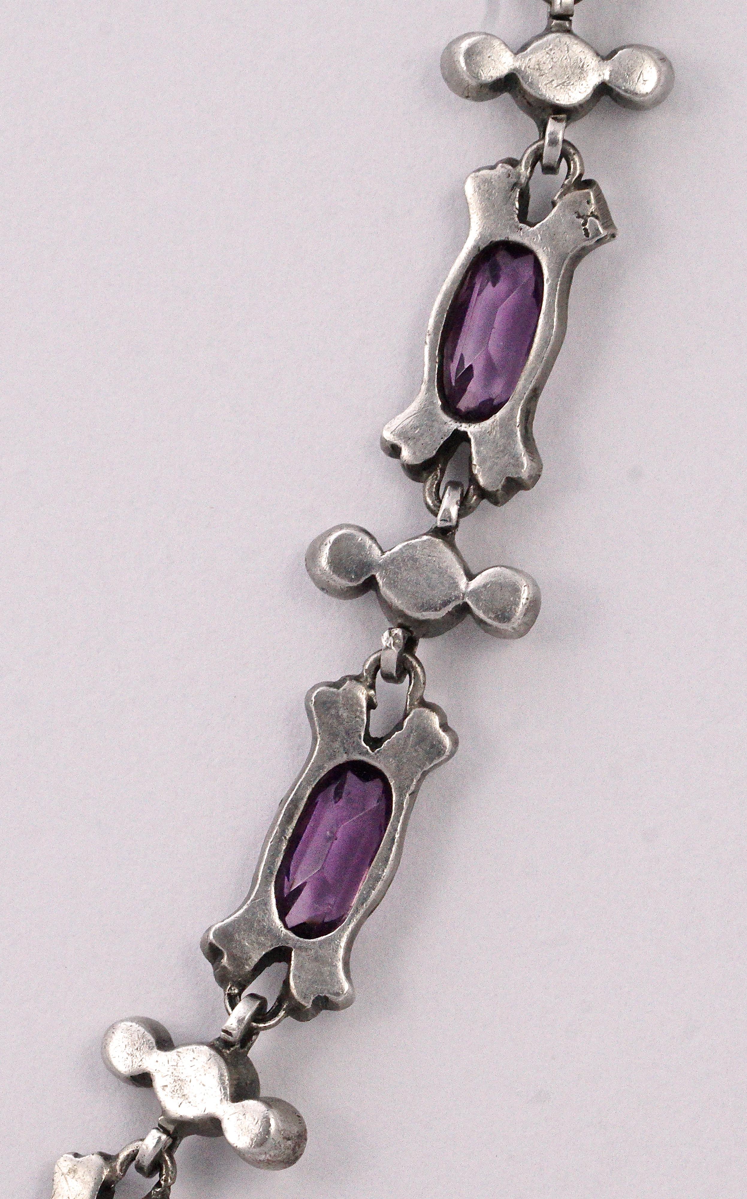 Antique Sterling Silver Lavalier Necklace with White and Amethyst Paste Stones For Sale 5