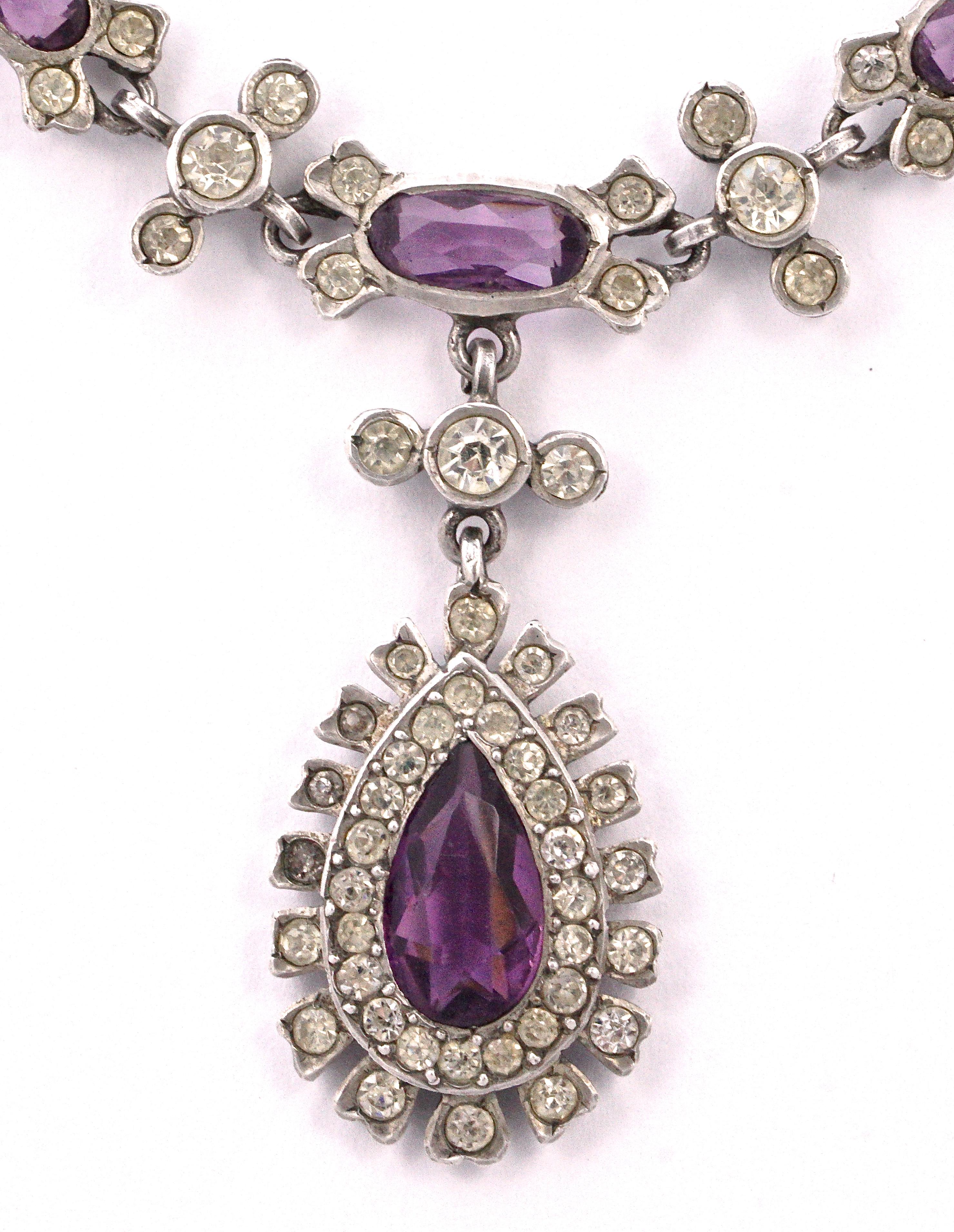Edwardian Antique Sterling Silver Lavalier Necklace with White and Amethyst Paste Stones For Sale