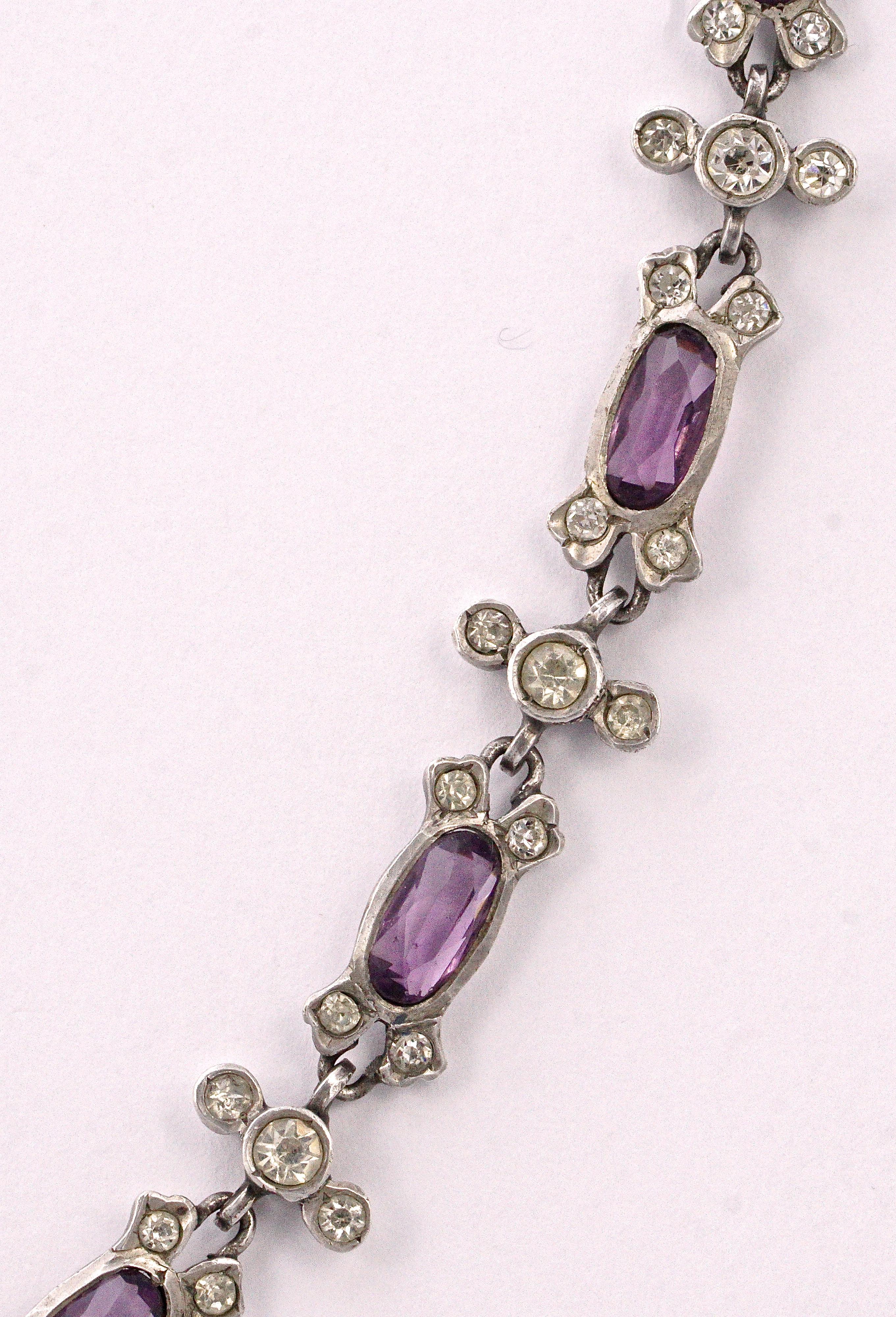 Antique Sterling Silver Lavalier Necklace with White and Amethyst Paste Stones In Good Condition For Sale In London, GB