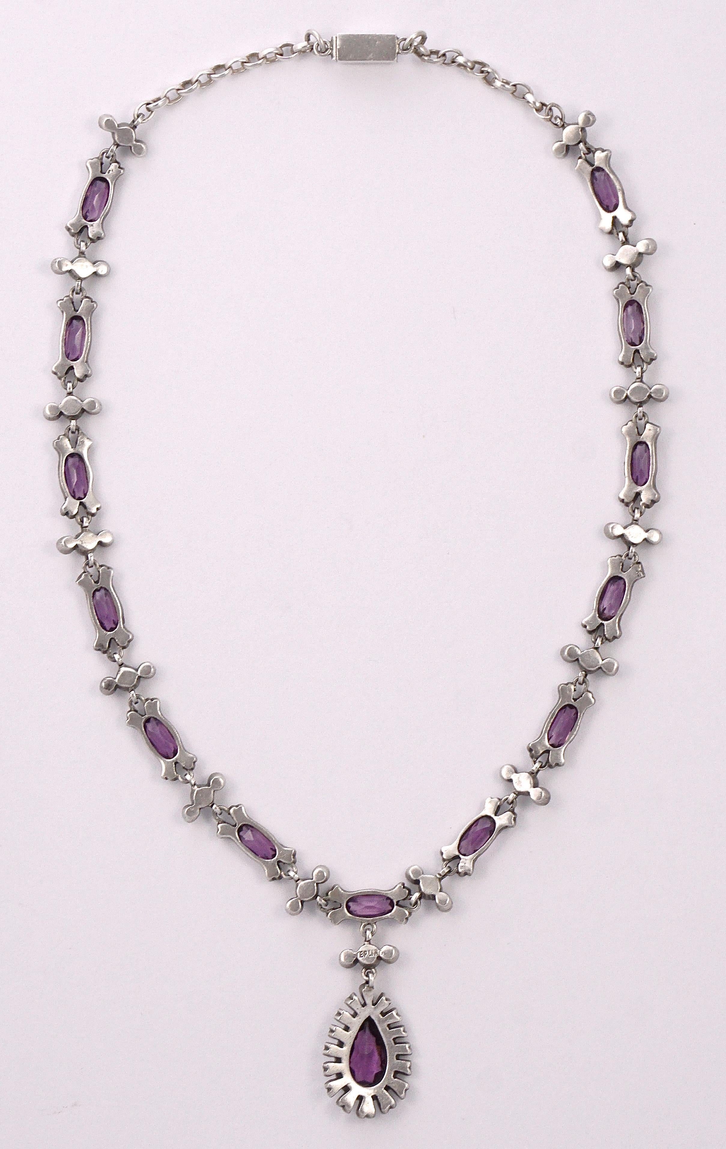 Antique Sterling Silver Lavalier Necklace with White and Amethyst Paste Stones For Sale 2