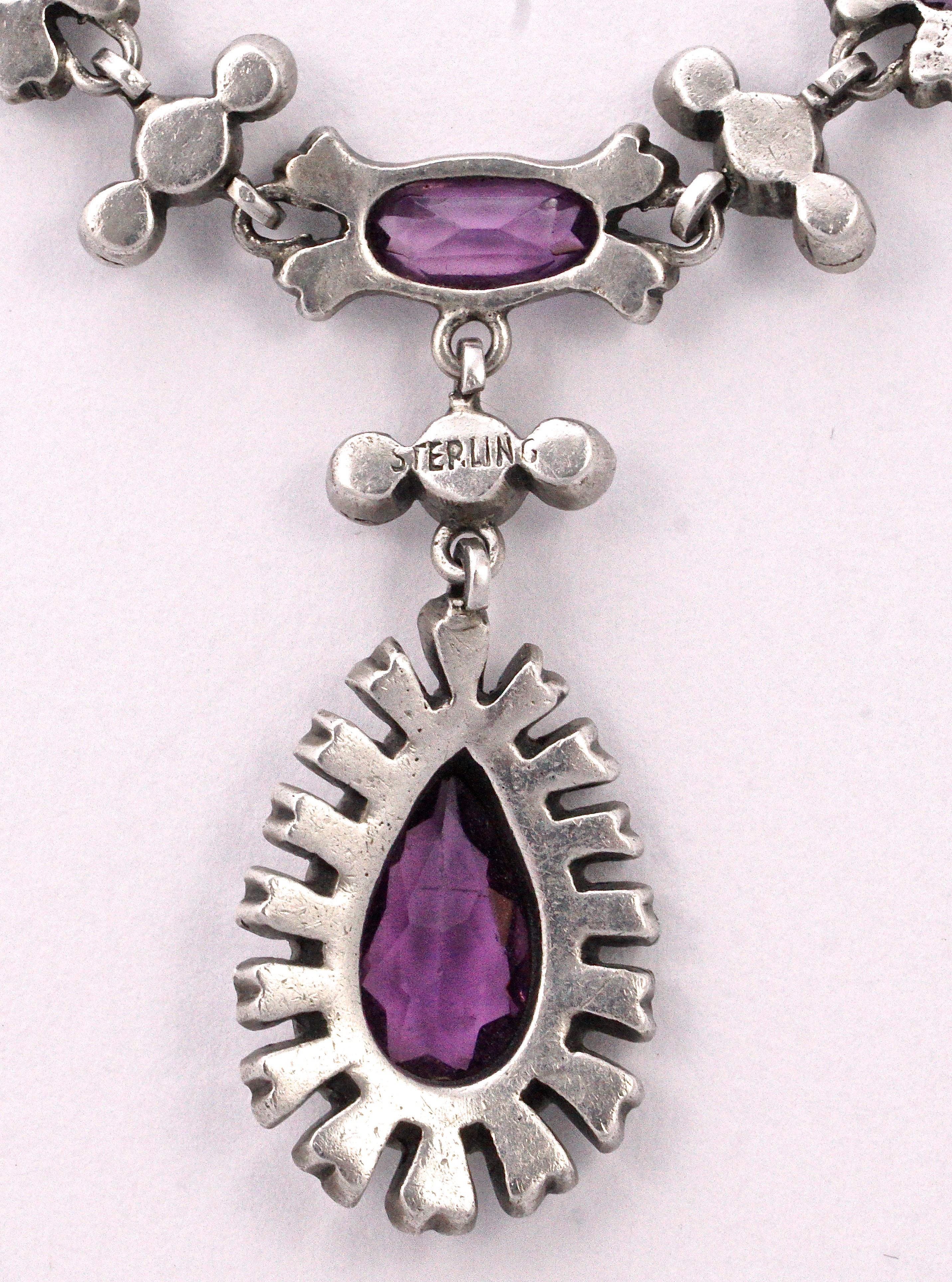 Antique Sterling Silver Lavalier Necklace with White and Amethyst Paste Stones For Sale 3