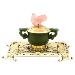 Antique Sterling Silver Nephrite and Rose Quartz Inkstand