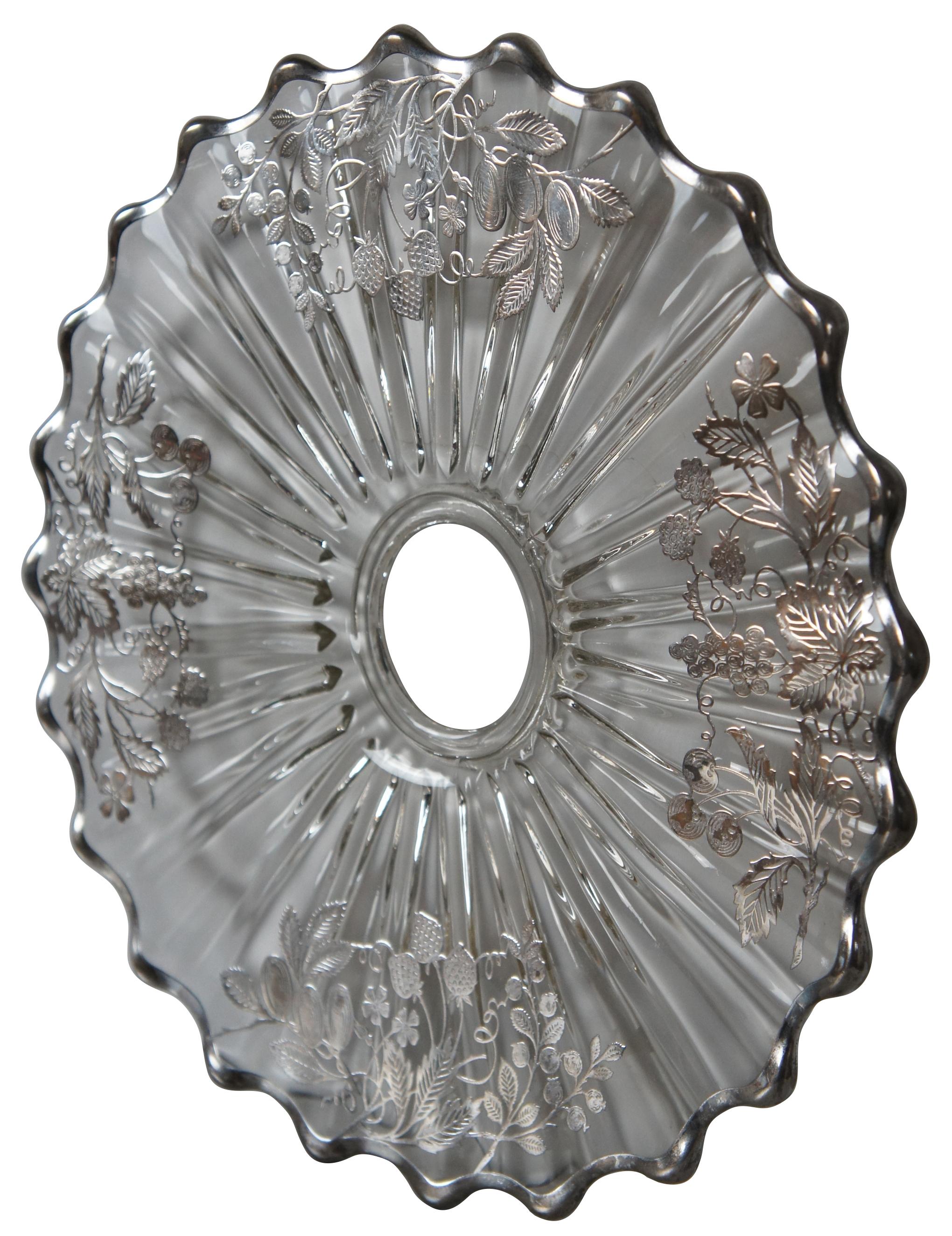 Vintage round scalloped glass and sterling silver .925 overlay platter with alternating designs of grapes / strawberries / florals and leaves. Measures: 15