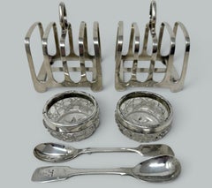 Antique Sterling Silver Pair Lowe Toast Rack Crystal Salt Cellars 1910 7.9 ozs