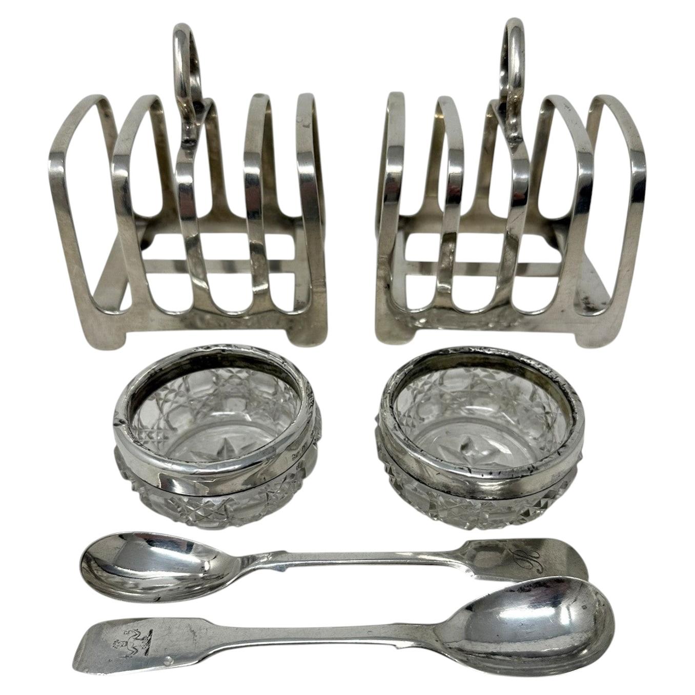 Antique Sterling Silver Pair Lowe Toast Rack Crystal Salt Cellars 1910 7.9 ozs For Sale