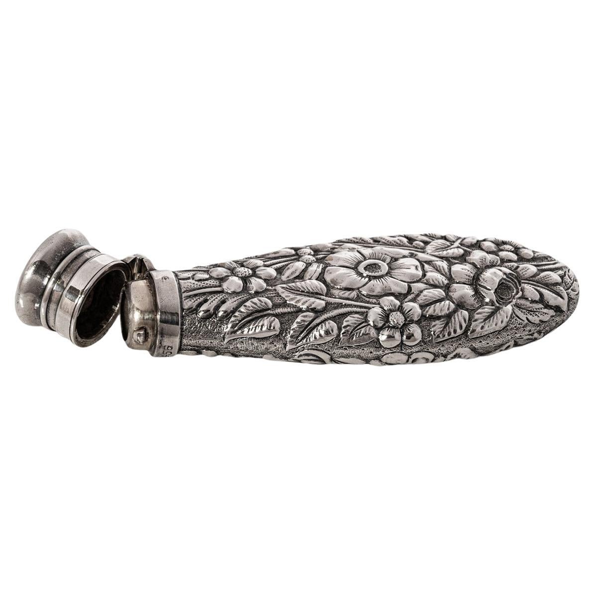 Antique Sterling Silver Perfume Scent Engraved Repousse Bottle Flask London 1873