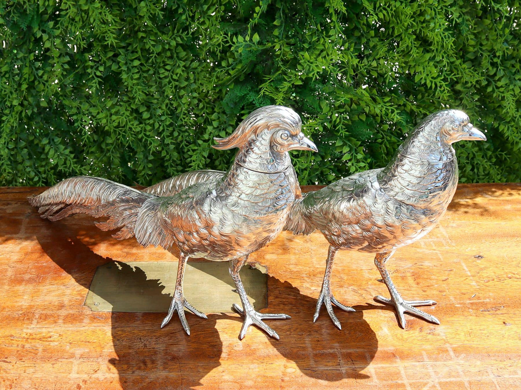 A magnificent, fine and impressive, large pair of antique English import cast sterling silver pheasant sugar boxes; part of our diverse ornamental silverware collection

These magnificent, fine and impressive antique cast sterling silver sugar boxes