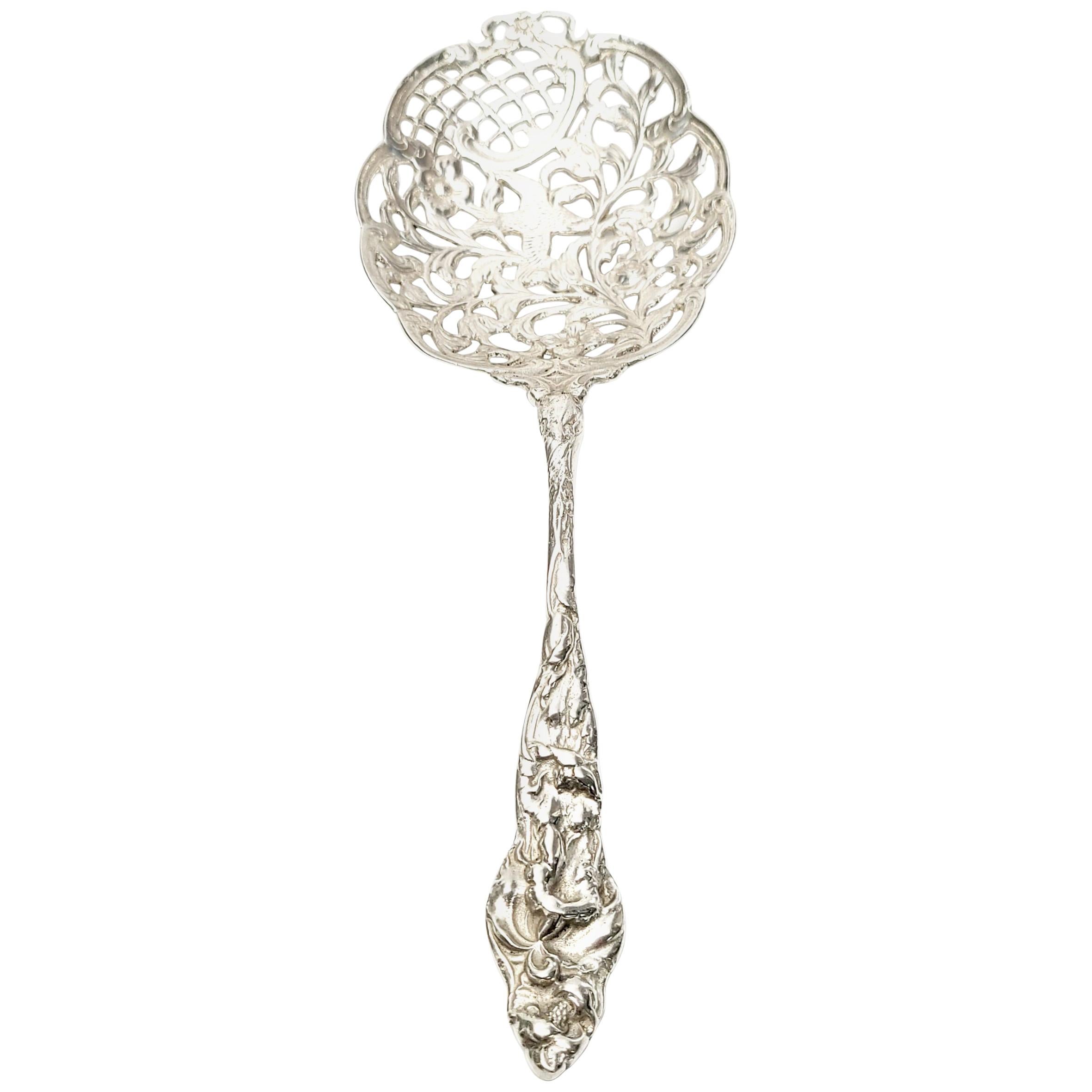 Antique Sterling Silver Pierced Filigree Floral and Bird Serving Spoon For Sale