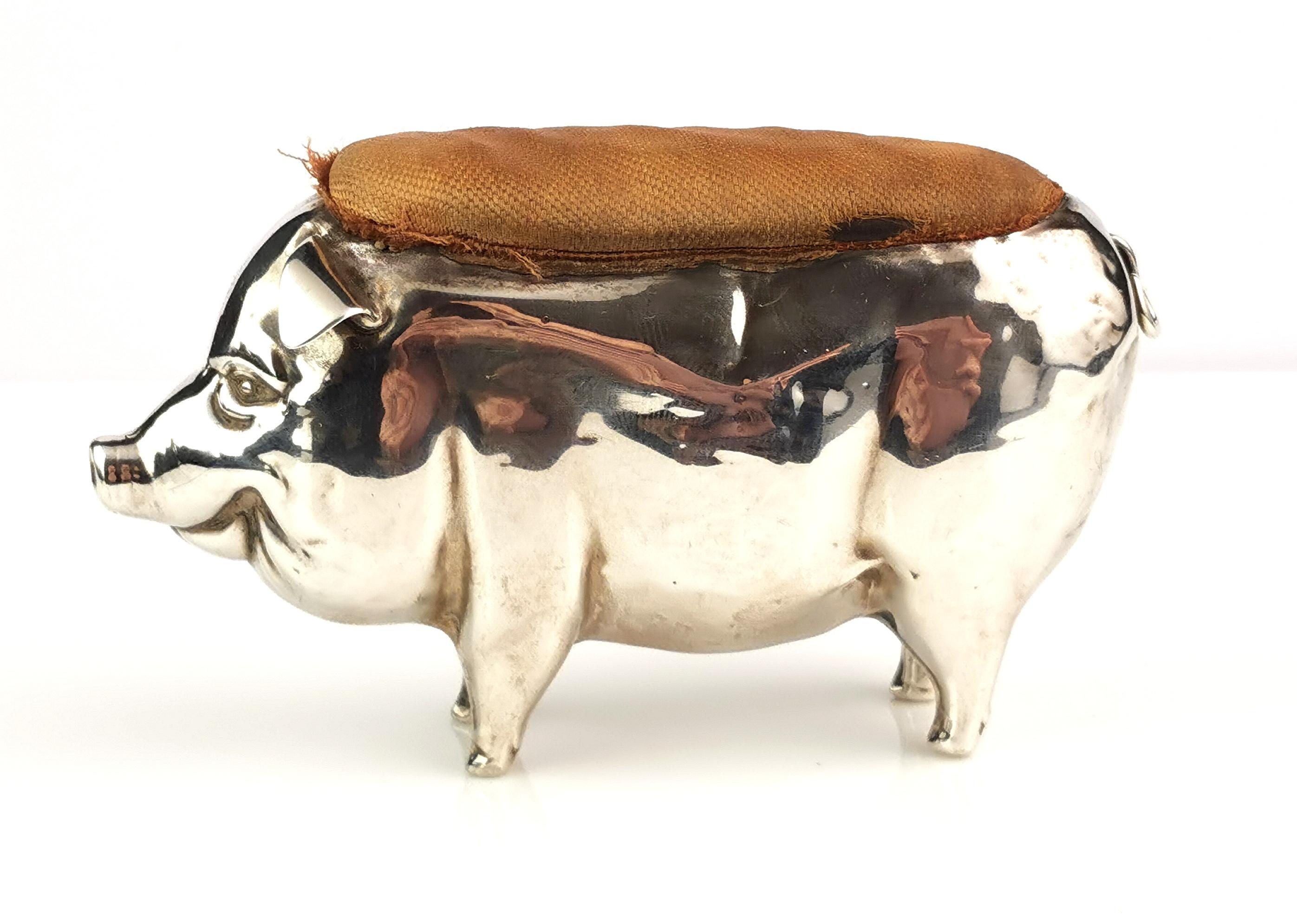 Antique sterling silver pig pincushion, Edwardian  For Sale 6