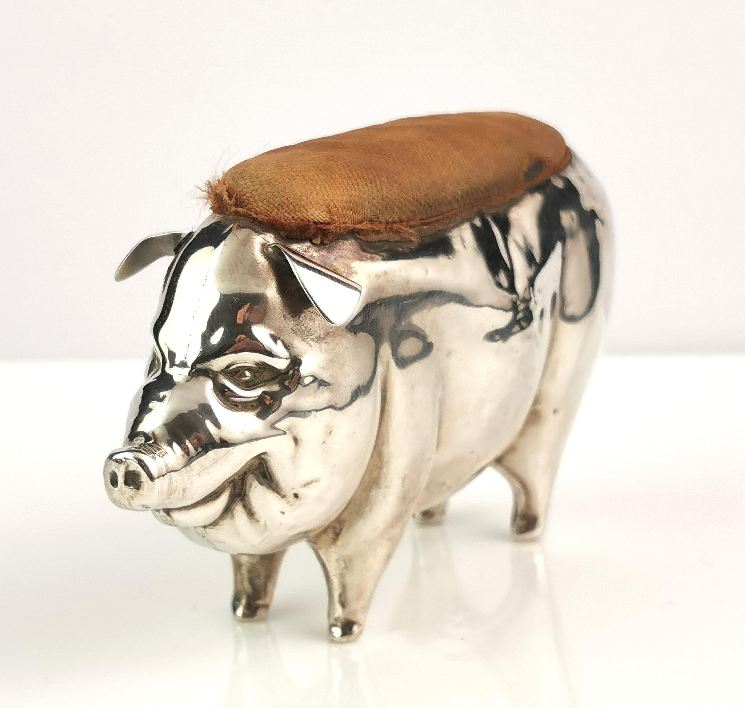 Antique sterling silver pig pincushion, Edwardian  For Sale 7