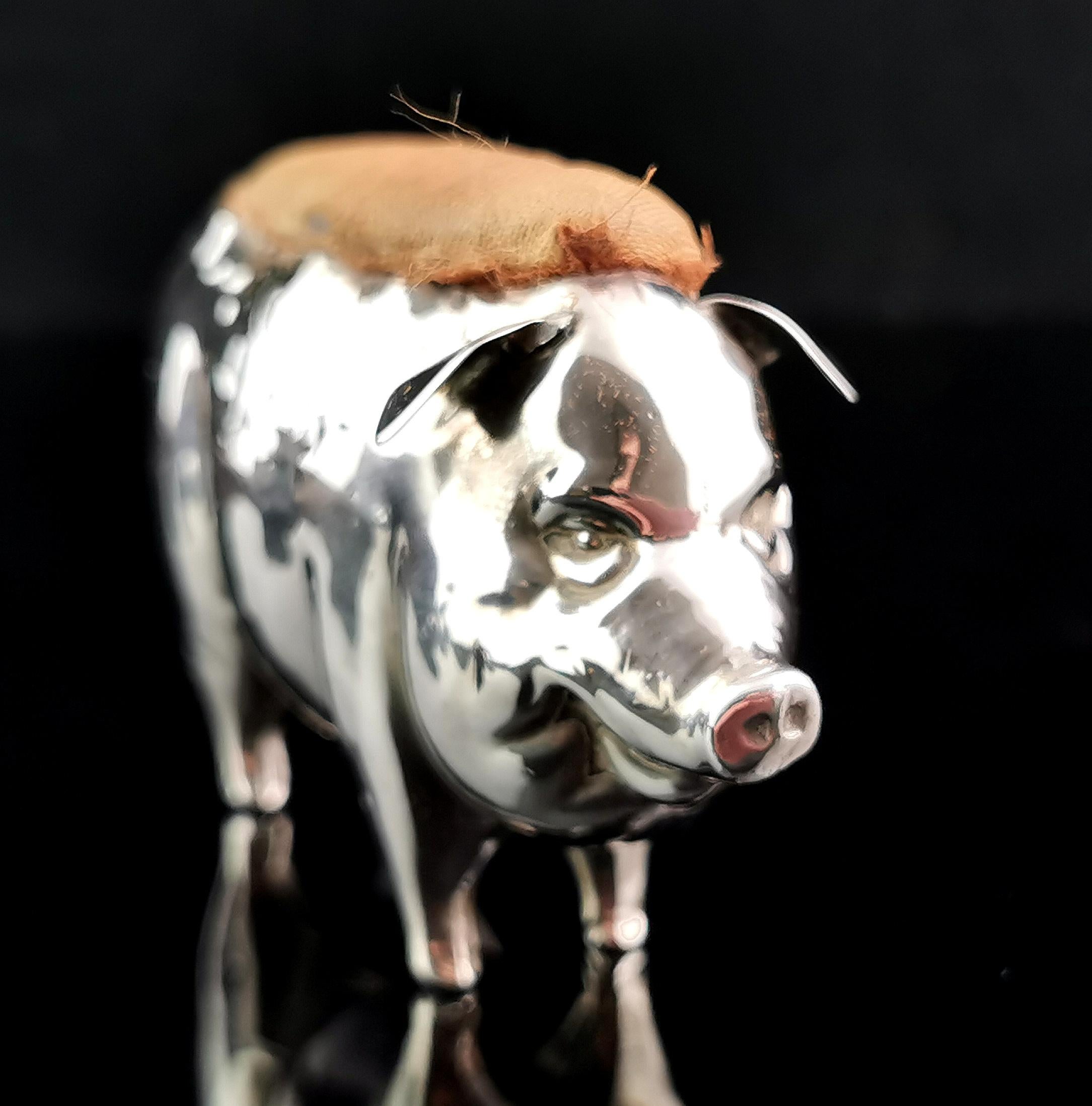 20th Century Antique sterling silver pig pincushion, Edwardian  For Sale