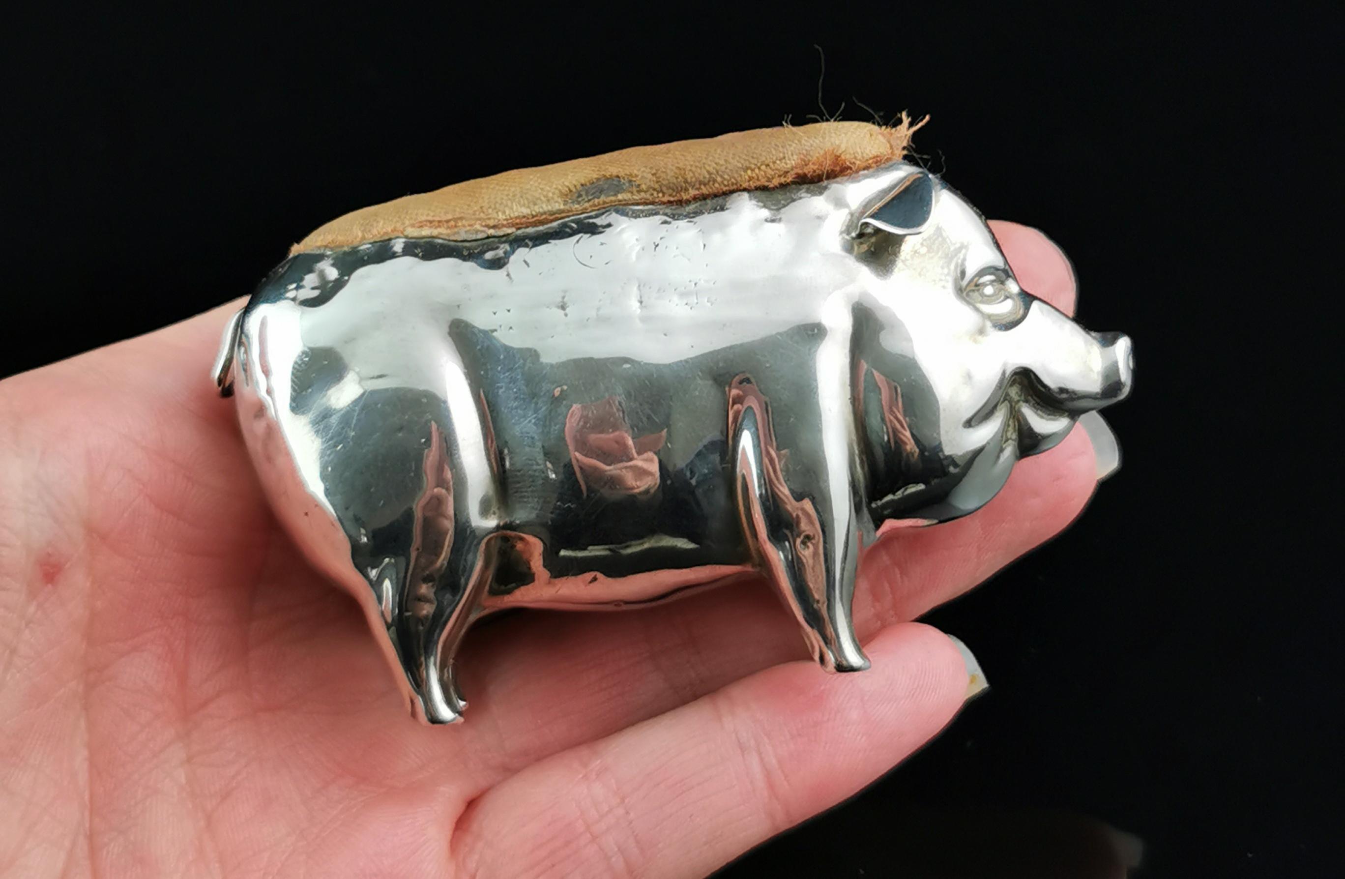 Antique sterling silver pig pincushion, Edwardian  For Sale 2