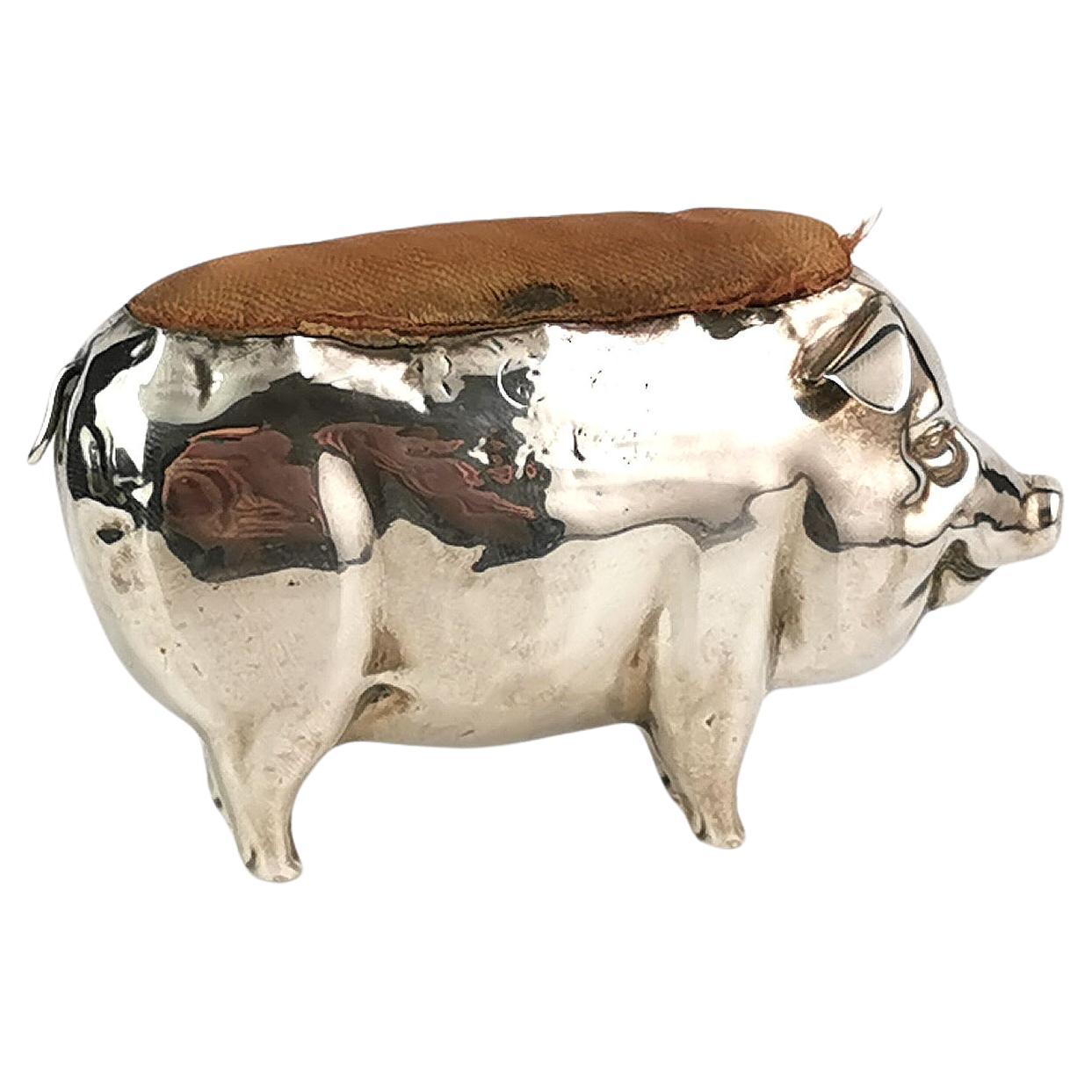 Antique sterling silver pig pincushion, Edwardian  For Sale