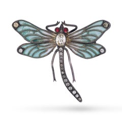 Antique Sterling Silver Plique a' Jour Enamel and Paste Dragonfly Brooch