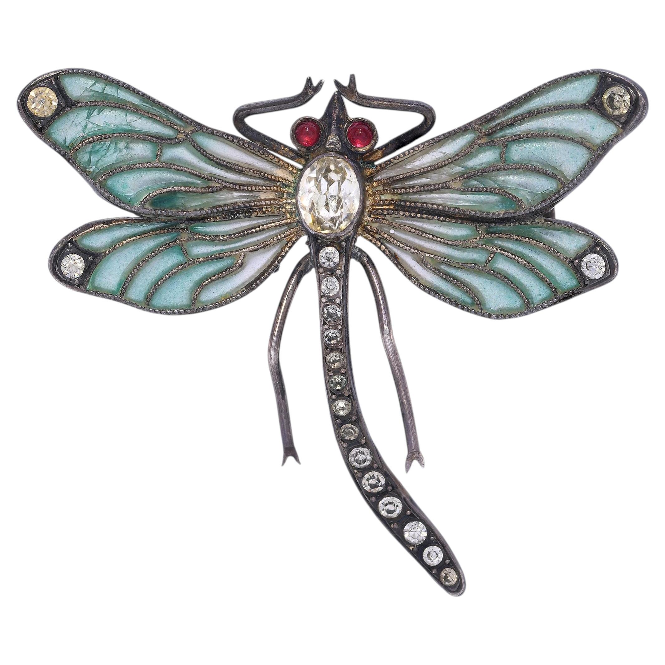 Antique Sterling Silver Plique a' Jour Enamel and Paste Dragonfly Brooch
