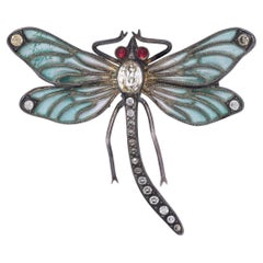 Antique Sterling Silver Plique a' Jour Enamel and Paste Dragonfly Brooch