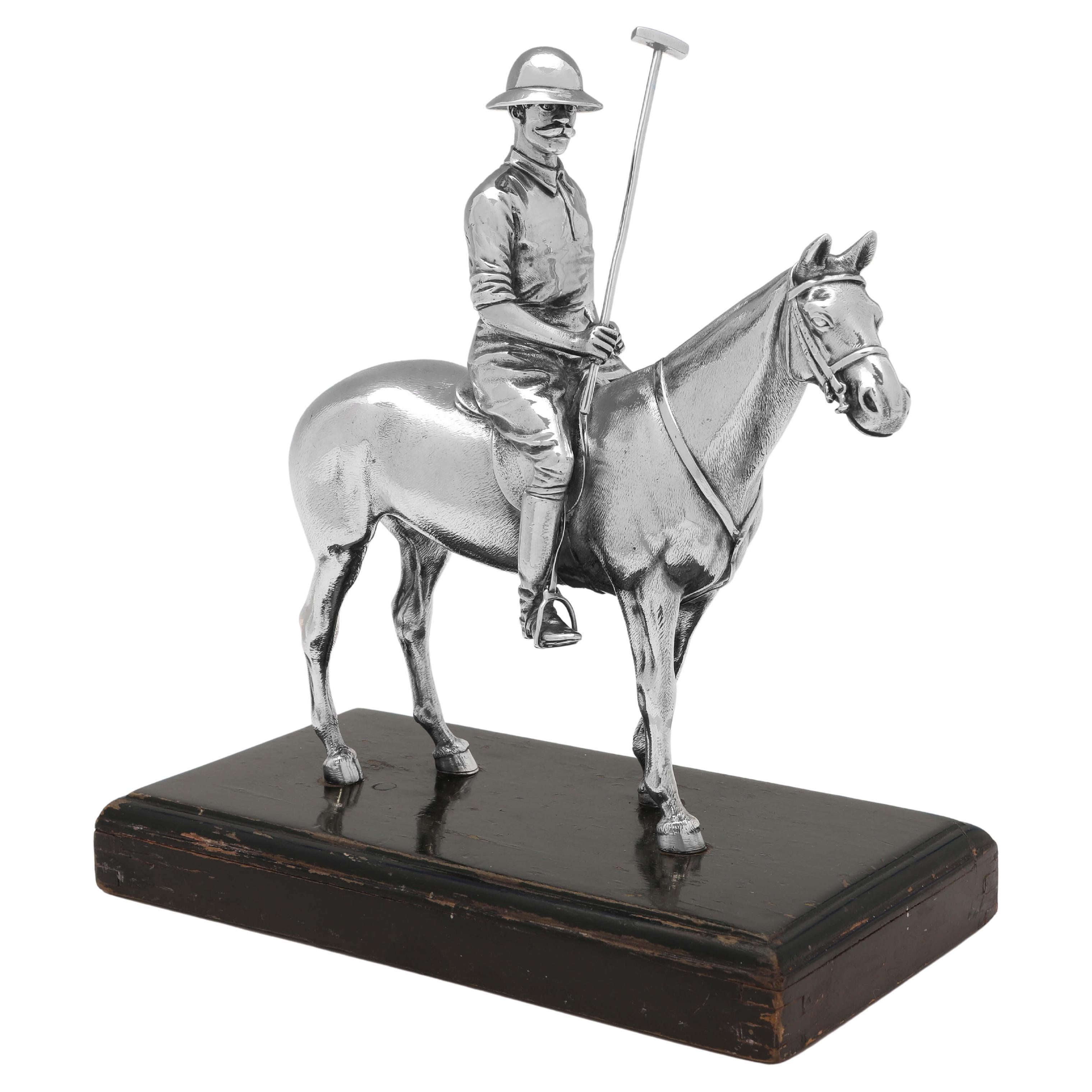 Antique Sterling Silver Polo Horse & Player Sculpture, British Olympics, 1908 For Sale