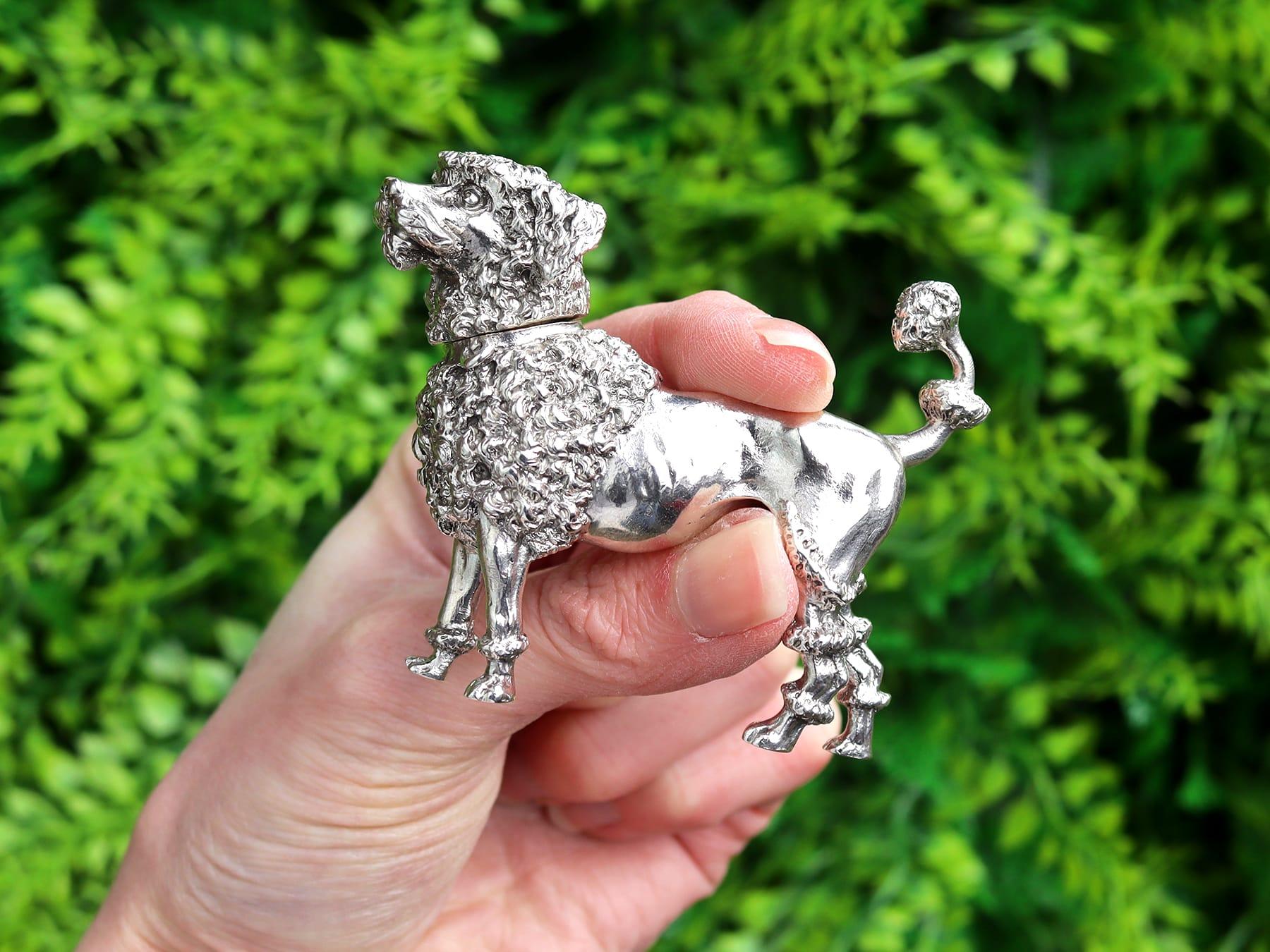 An exceptional, fine and impressive, rare antique Victorian English cast sterling silver pepperette modelled in the form of a poodle; an addition to our animal related silverware collection.

This exceptional and rare antique Victorian cast