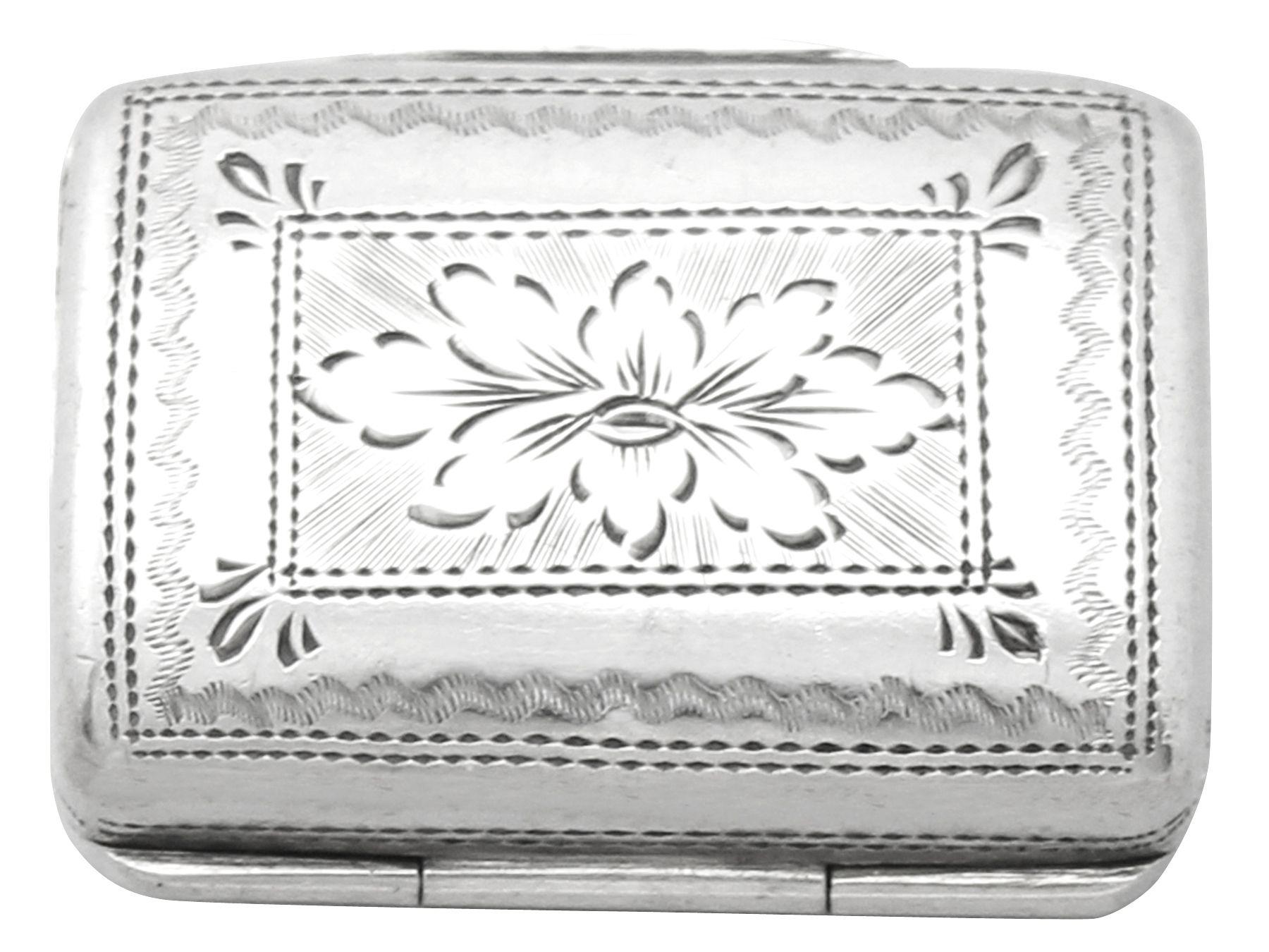 A fine and impressive antique George IV English sterling silver vinaigrette in the form of a purse; an addition to our silver boxes collection.

This antique George IV sterling silver vinaigrette has been realistically modeled in the form of a