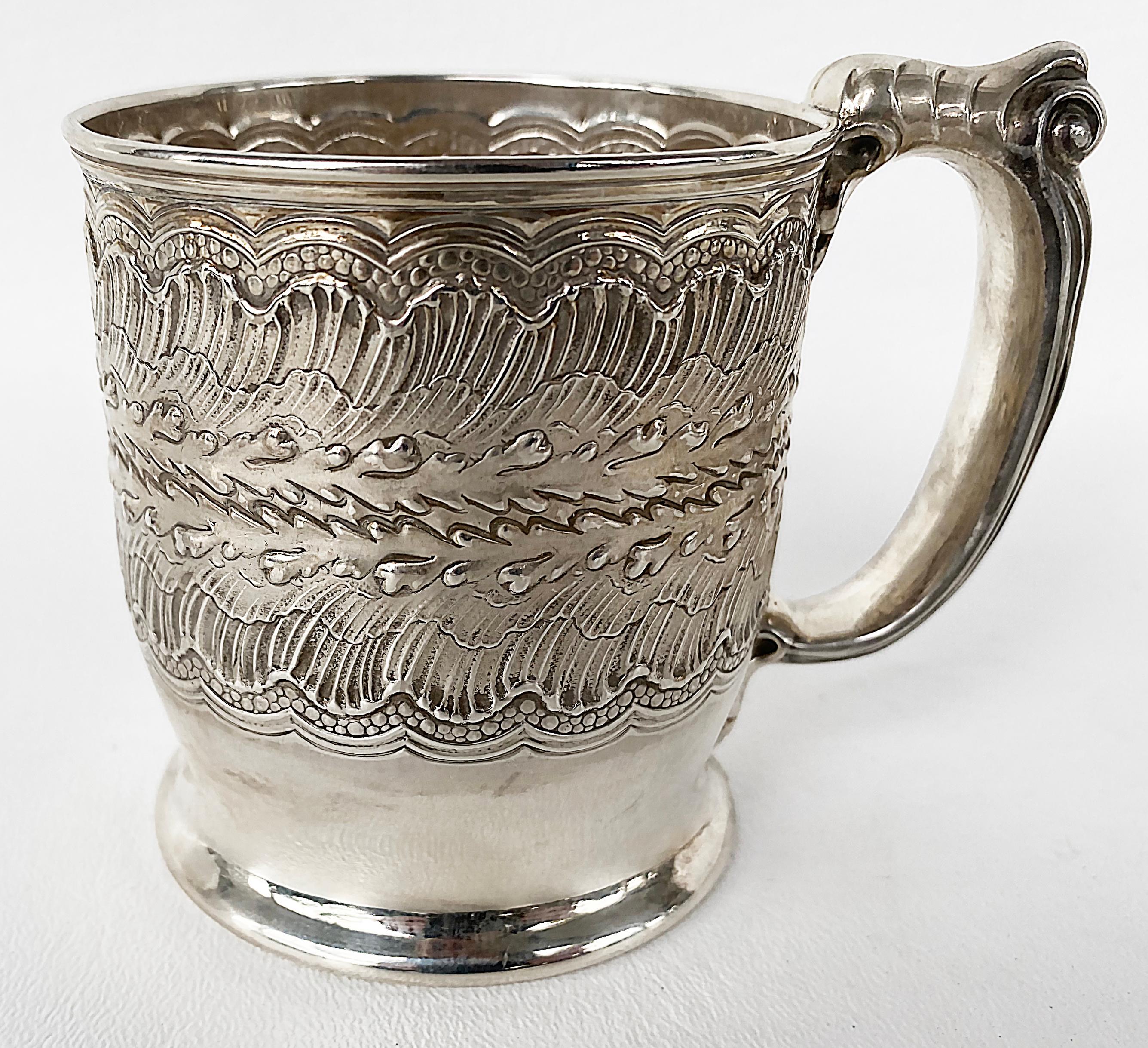 Repoussé Antique Sterling Silver Repousse Baby Cup with Handle, Circa 1900
