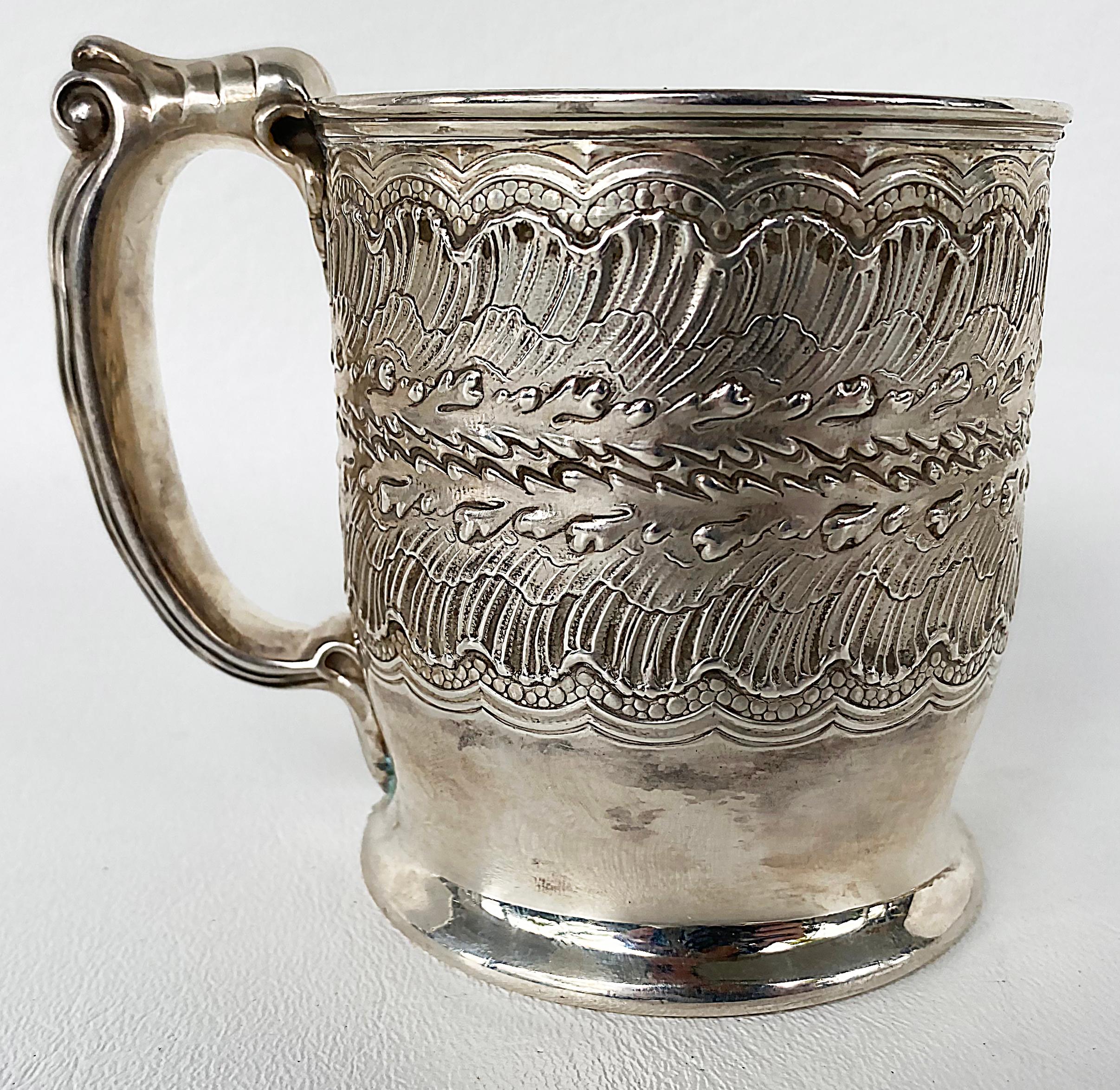 Antique Sterling Silver Repousse Baby Cup with Handle, Circa 1900 In Good Condition In Miami, FL