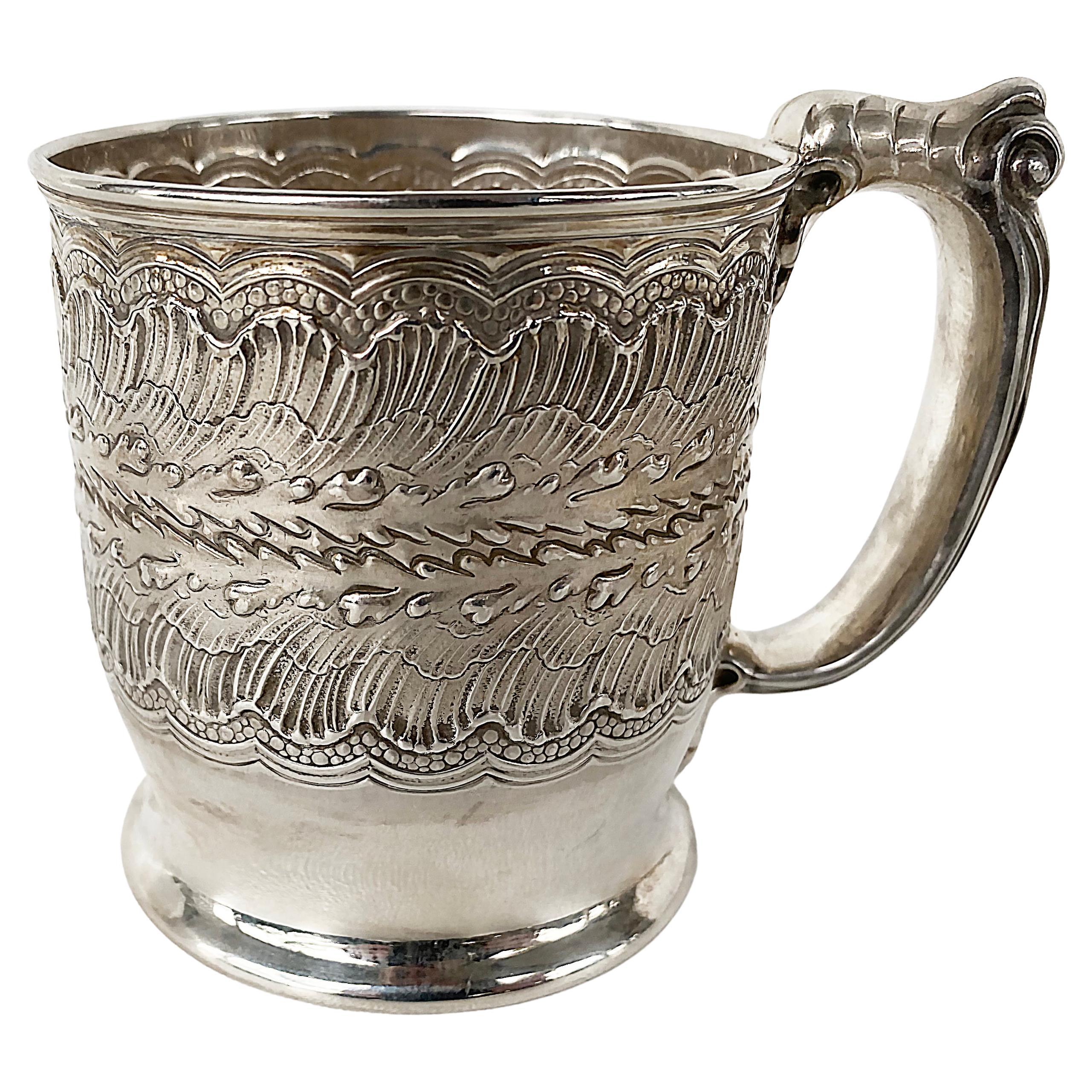 Antique Sterling Silver Repousse Baby Cup with Handle, Circa 1900