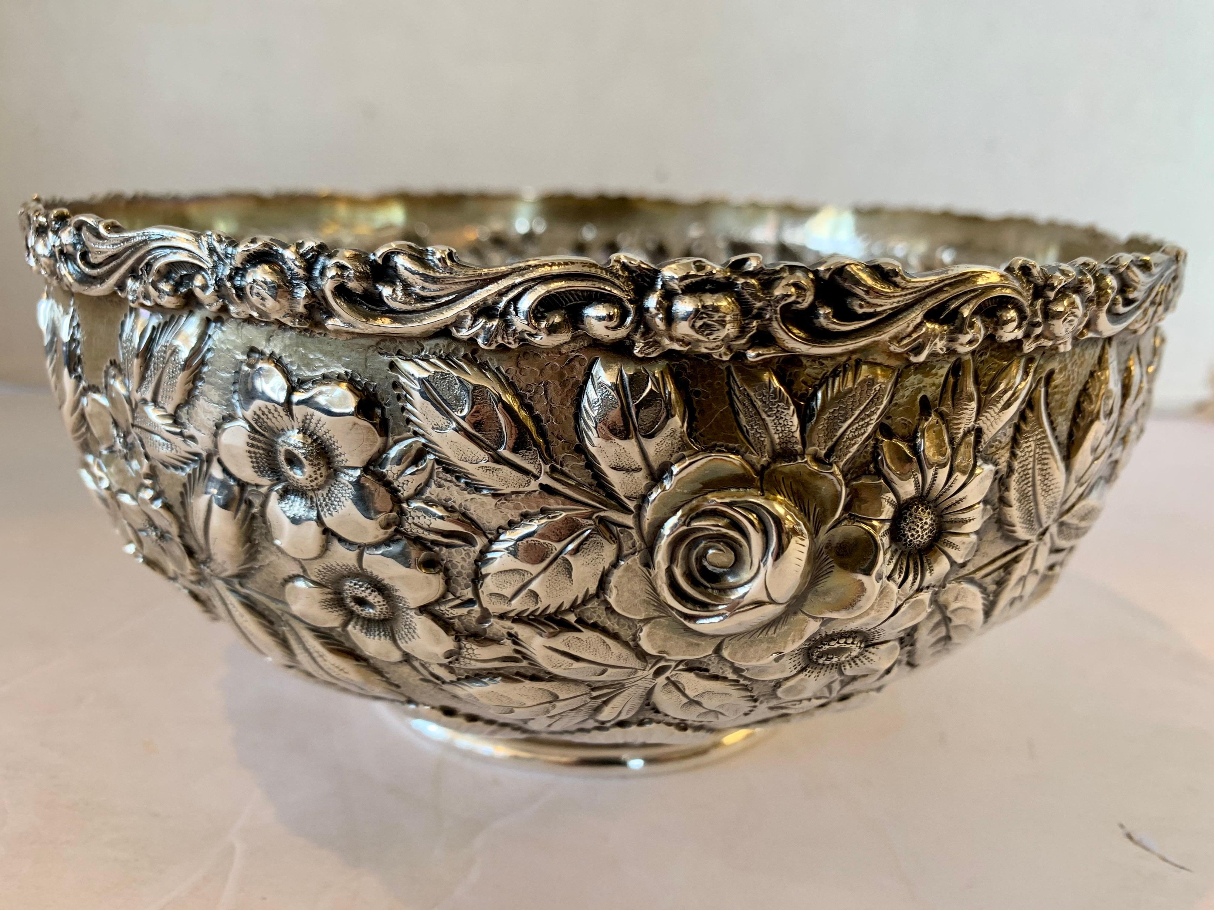 Antique Sterling Silver Repoussé Bowl In Good Condition In West Hartford, CT