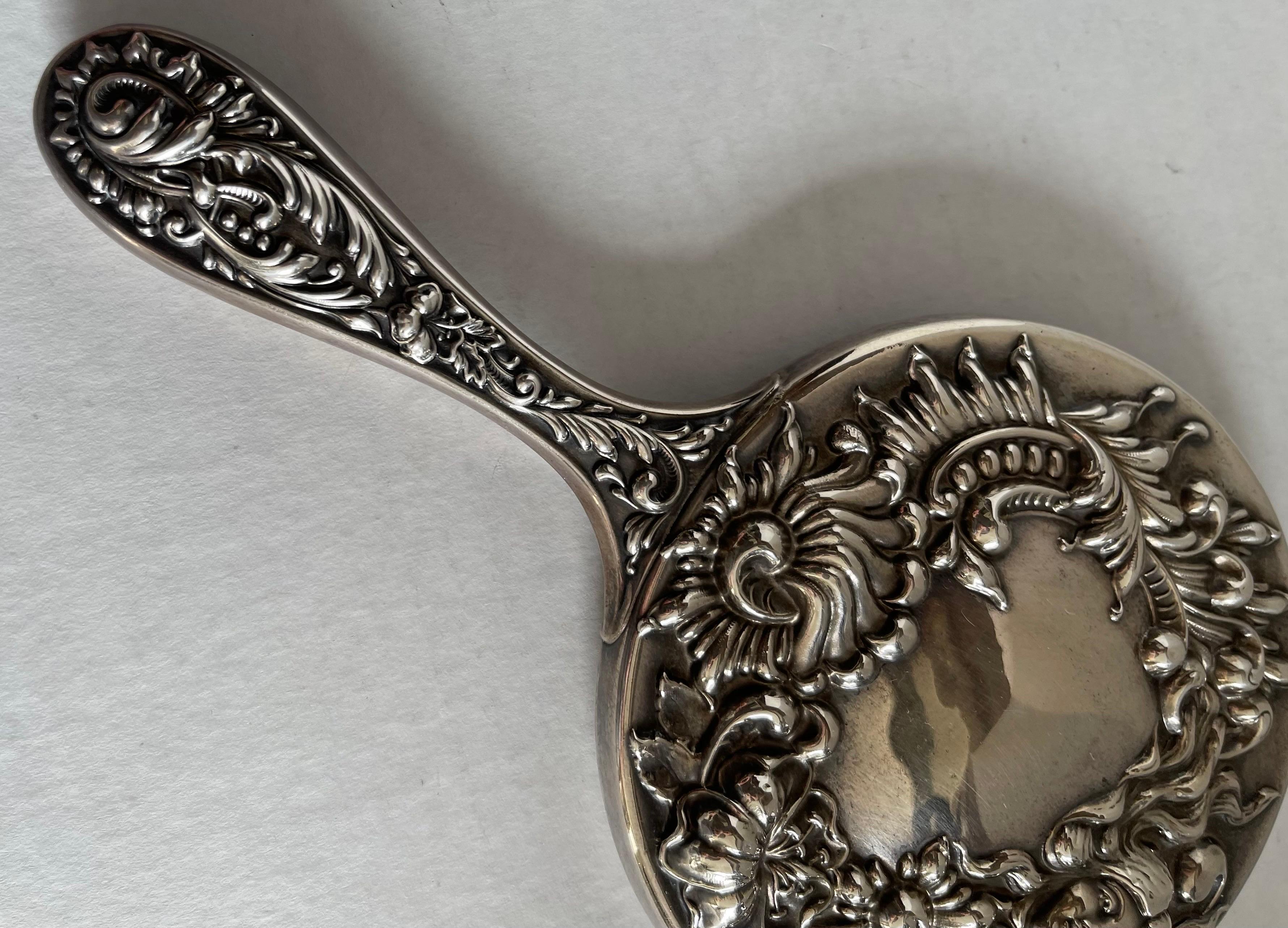 Antique Sterling Silver Repoussè Hand Mirror For Sale 3