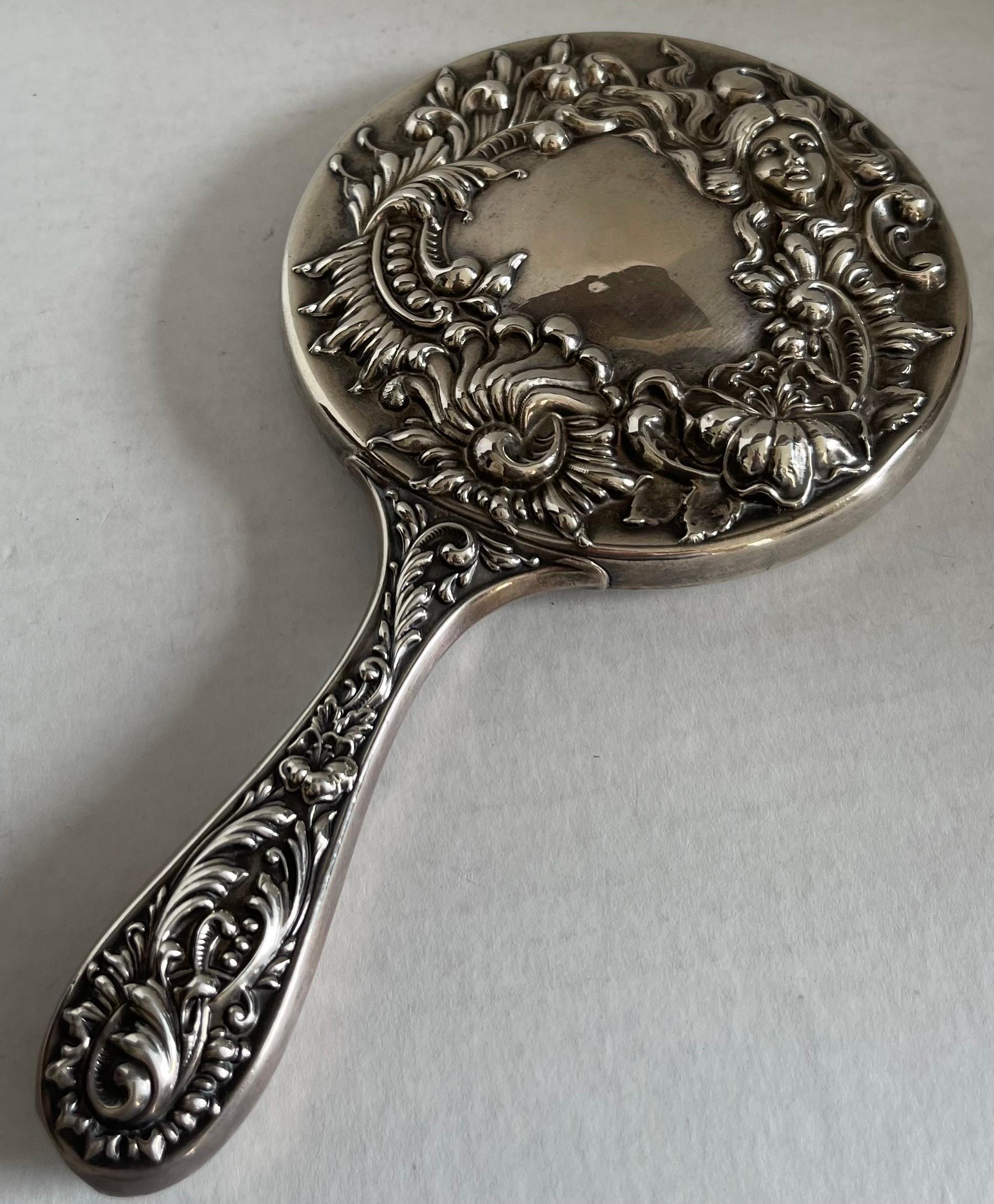 Art Nouveau Antique Sterling Silver Repoussè Hand Mirror For Sale