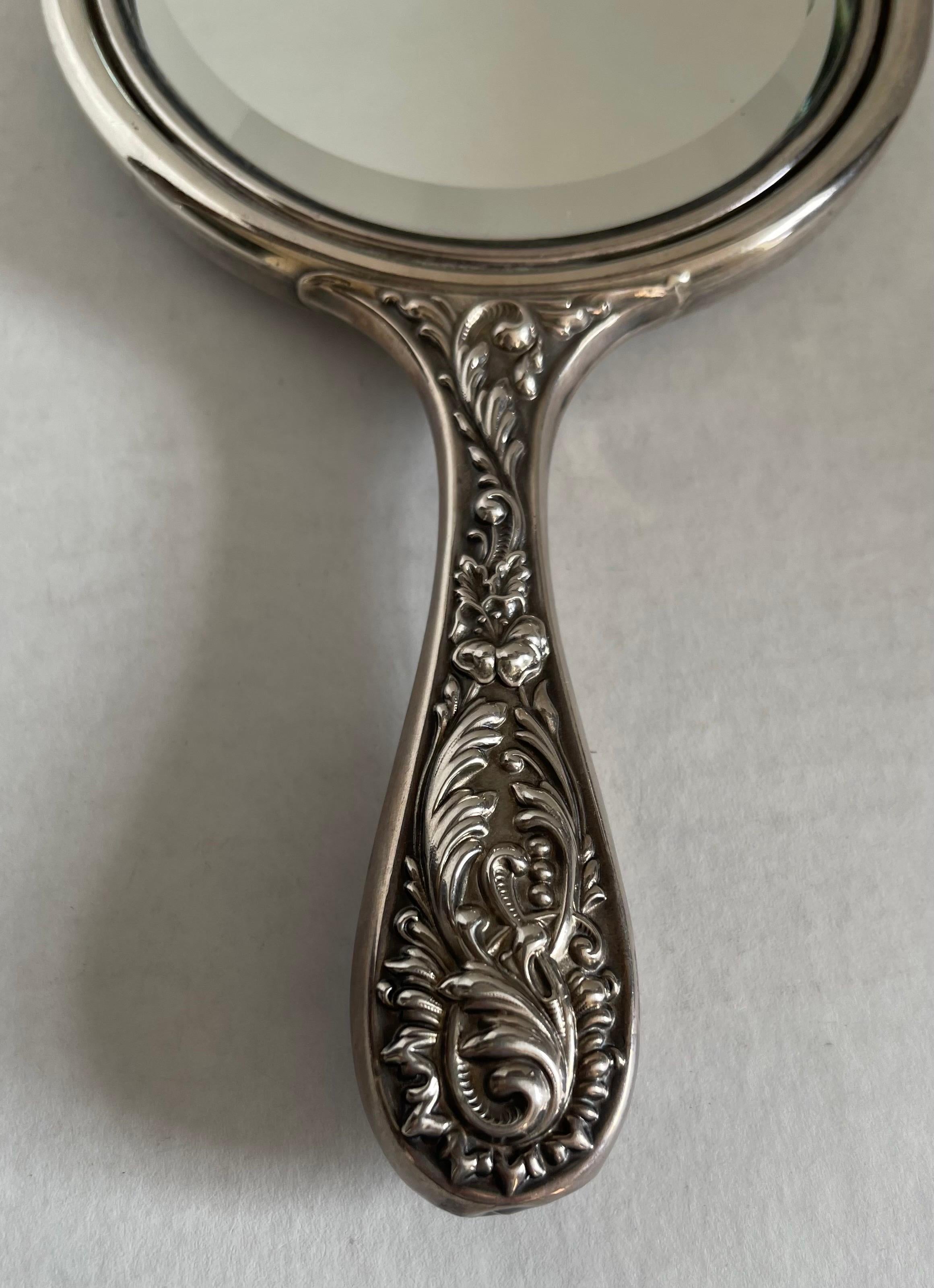 American Antique Sterling Silver Repoussè Hand Mirror For Sale